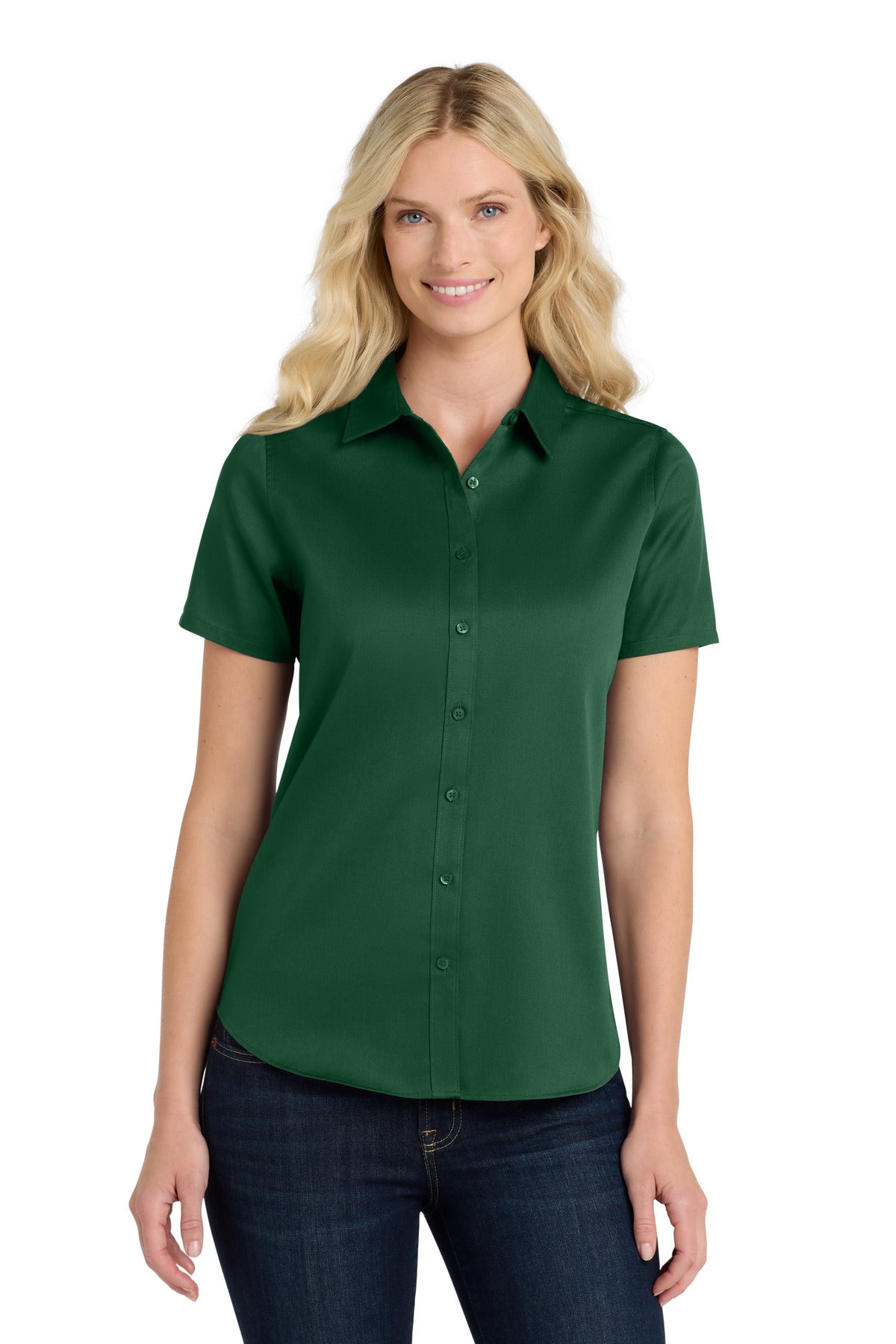 Port Authority Women's Short Sleeve SuperPro ReactTwill Shirt. LW809 in Dark Green