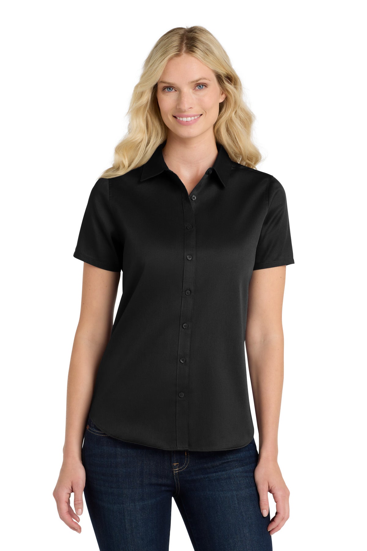 Port Authority Women's Short Sleeve SuperPro ReactTwill Shirt. LW809 in Deep Black