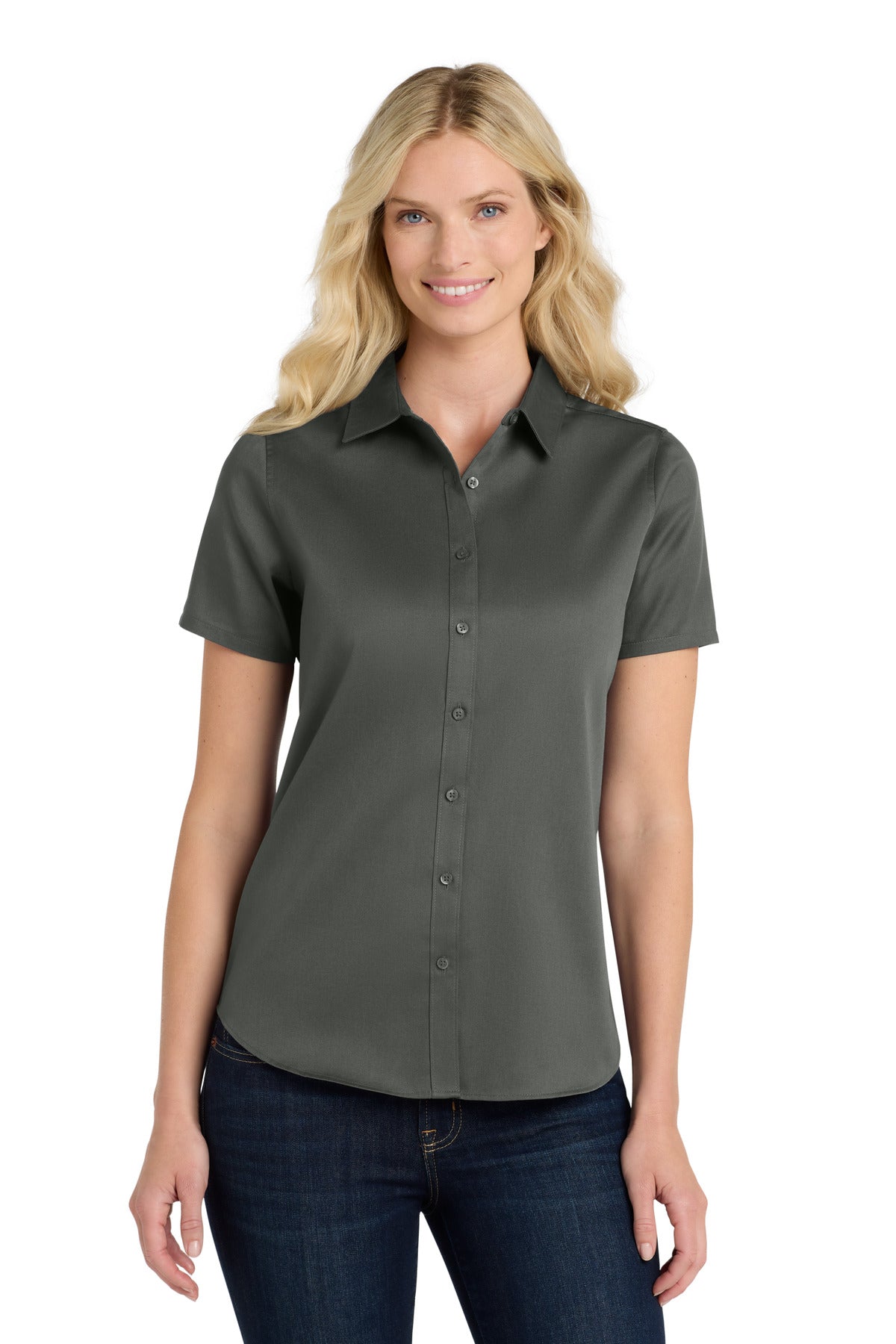 Port Authority Women's Short Sleeve SuperPro ReactTwill Shirt. LW809 in Storm Grey