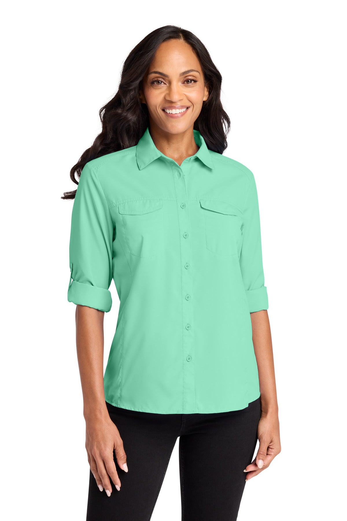 Port Authority Women's Long Sleeve UV Daybreak Shirt LW960 in Bright Seafoam