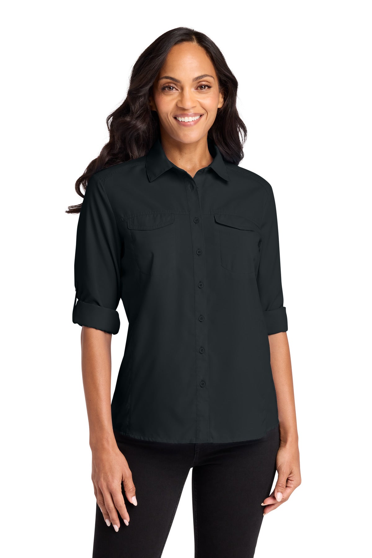 Port Authority Women's Long Sleeve UV Daybreak Shirt LW960 in Deep Black