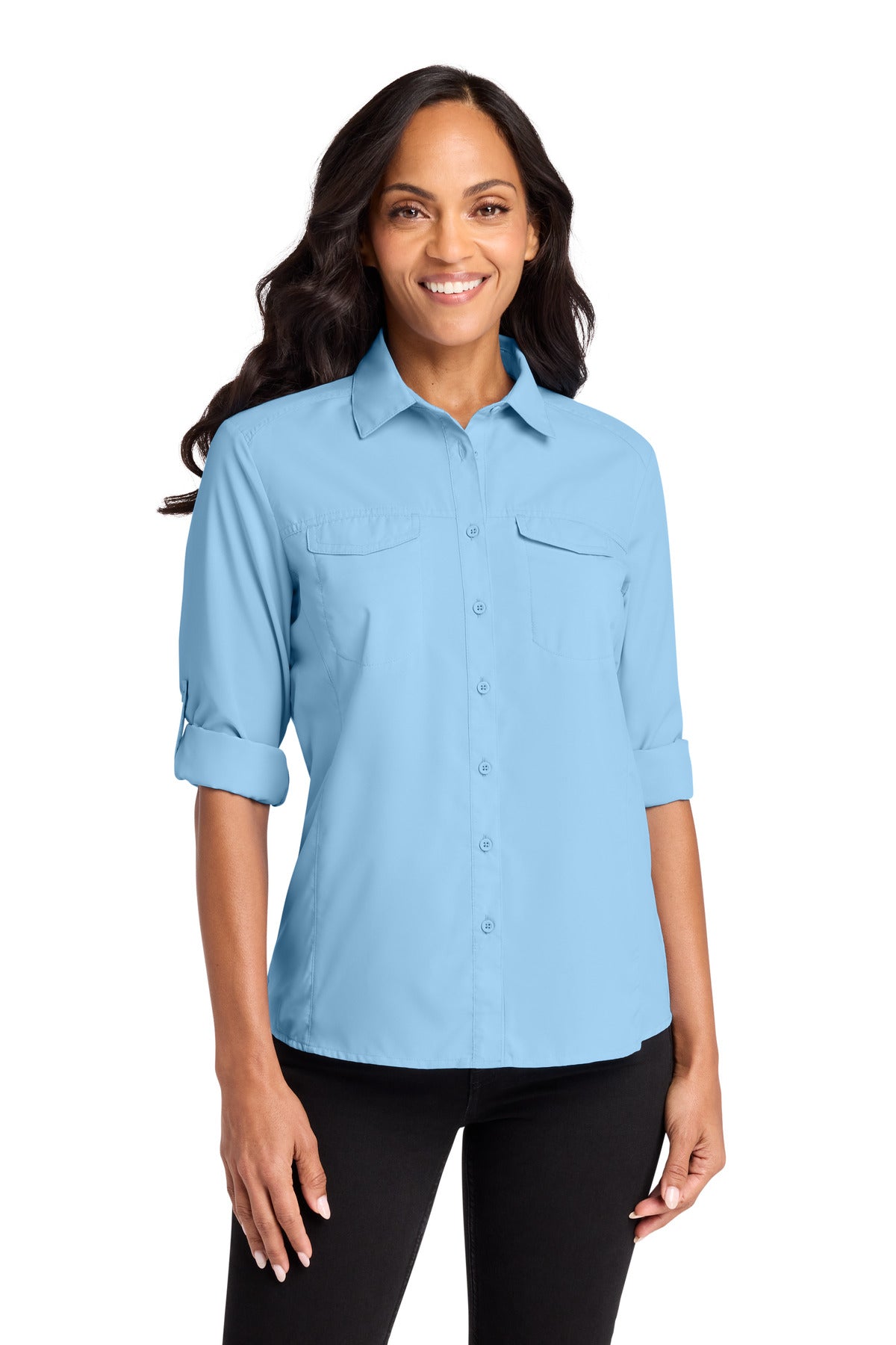 Port Authority Women's Long Sleeve UV Daybreak Shirt LW960 in Light Blue