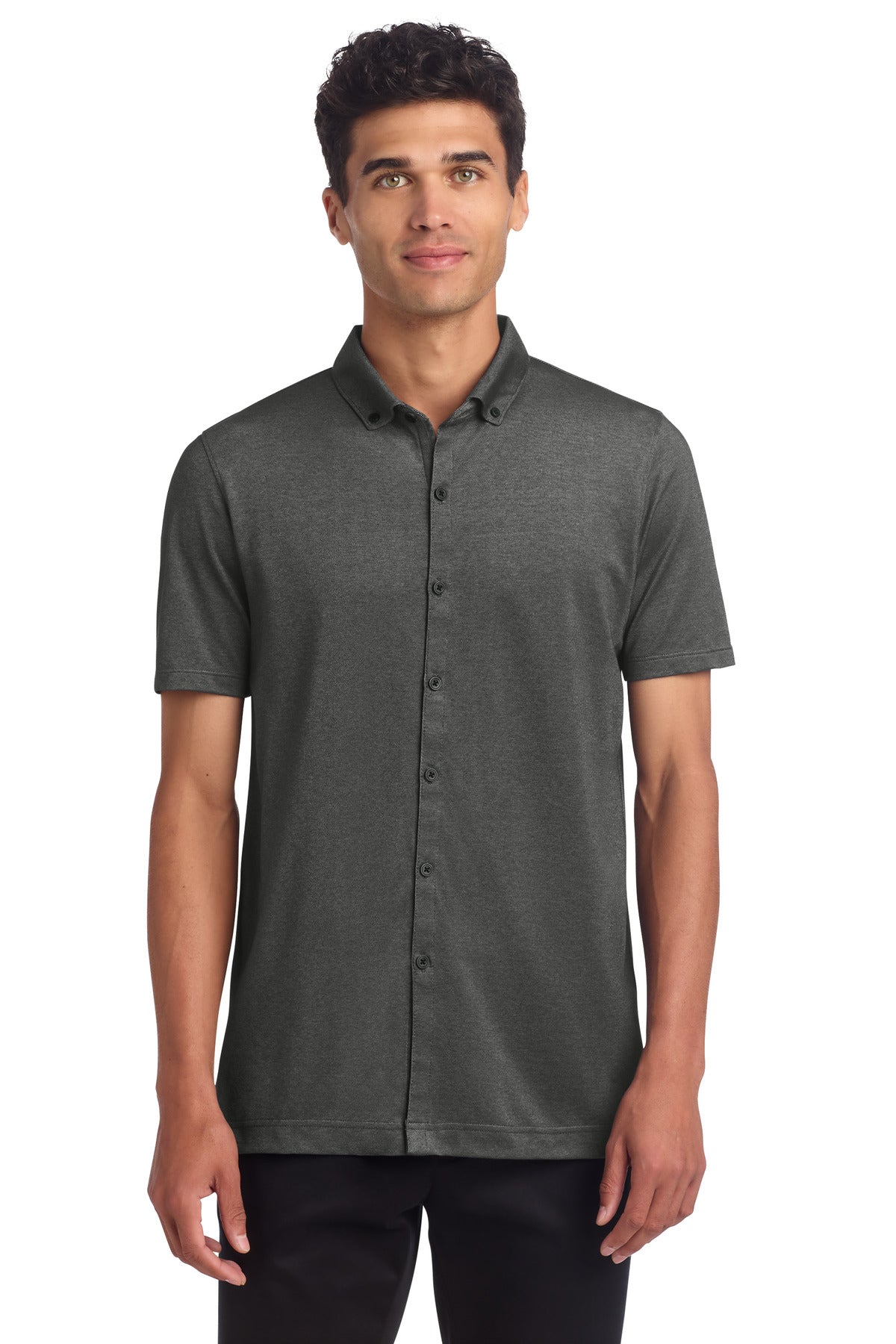 Mercer+Mettle Stretch Pique Full-Button Polo MM1006 in Anchor Grey Heather