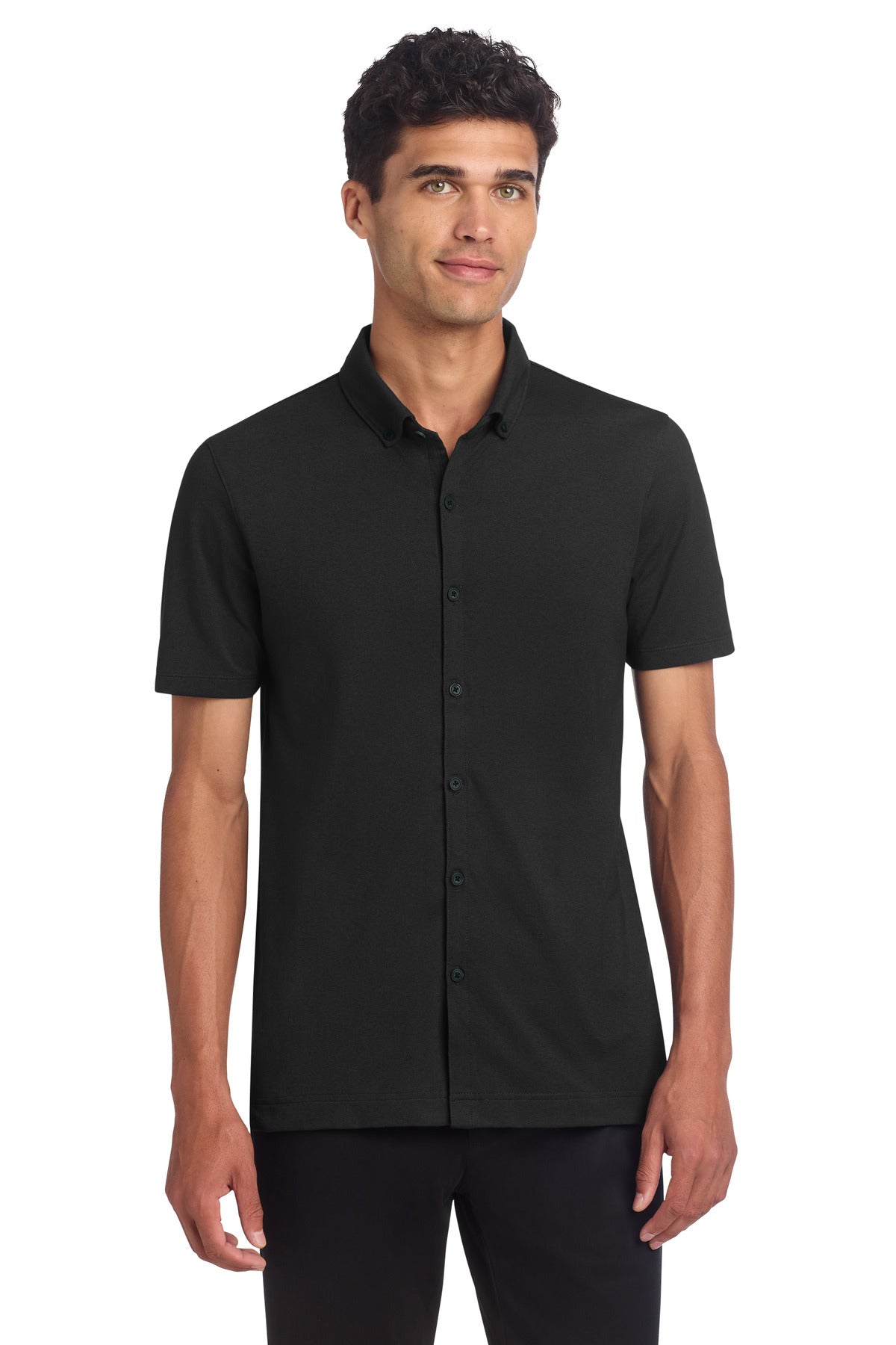 Mercer+Mettle Stretch Pique Full-Button Polo MM1006 in Deep Black