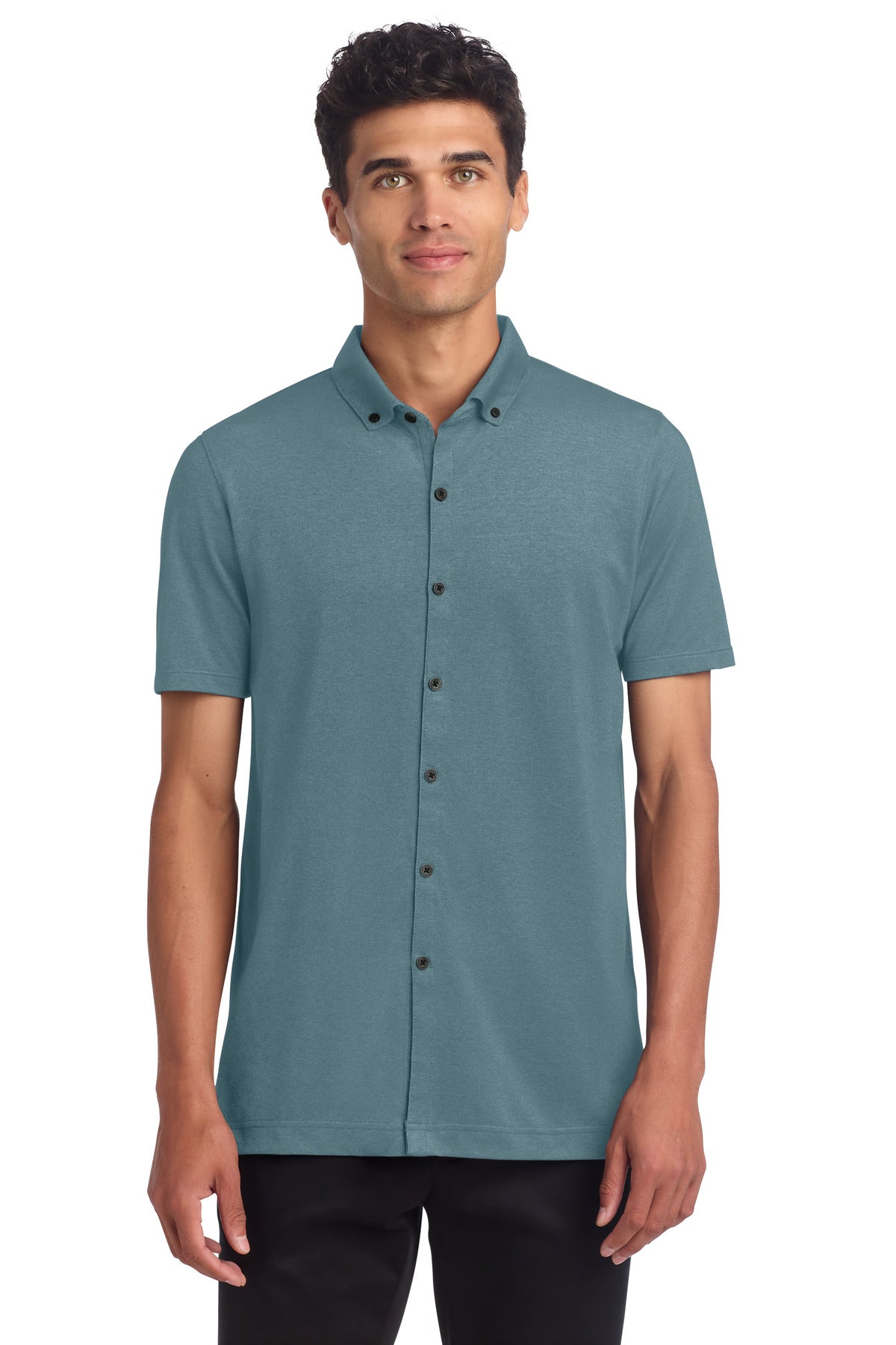 Mercer+Mettle Stretch Pique Full-Button Polo MM1006 in Parisian Blue Heather