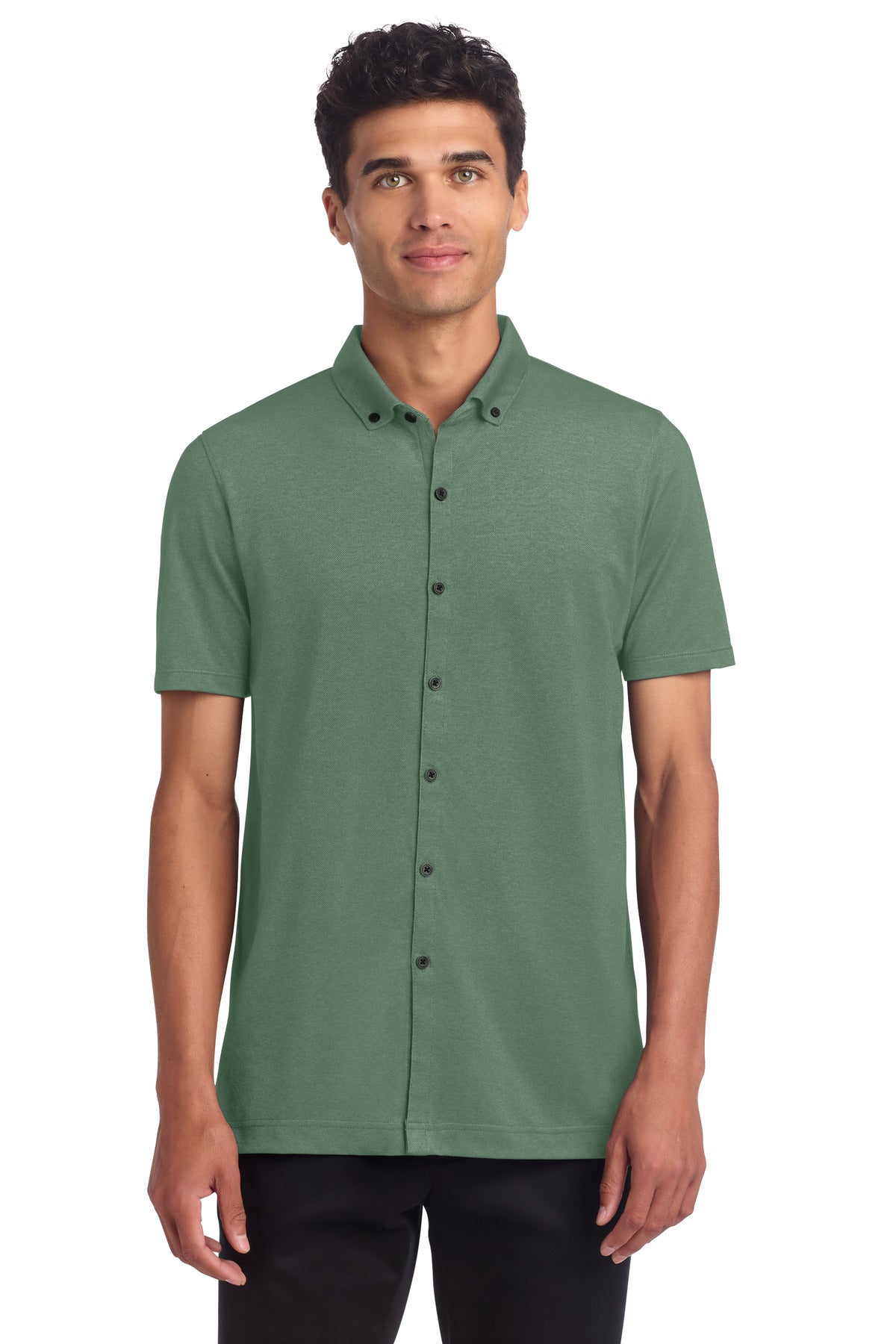 Mercer+Mettle Stretch Pique Full-Button Polo MM1006 in Sage Heather