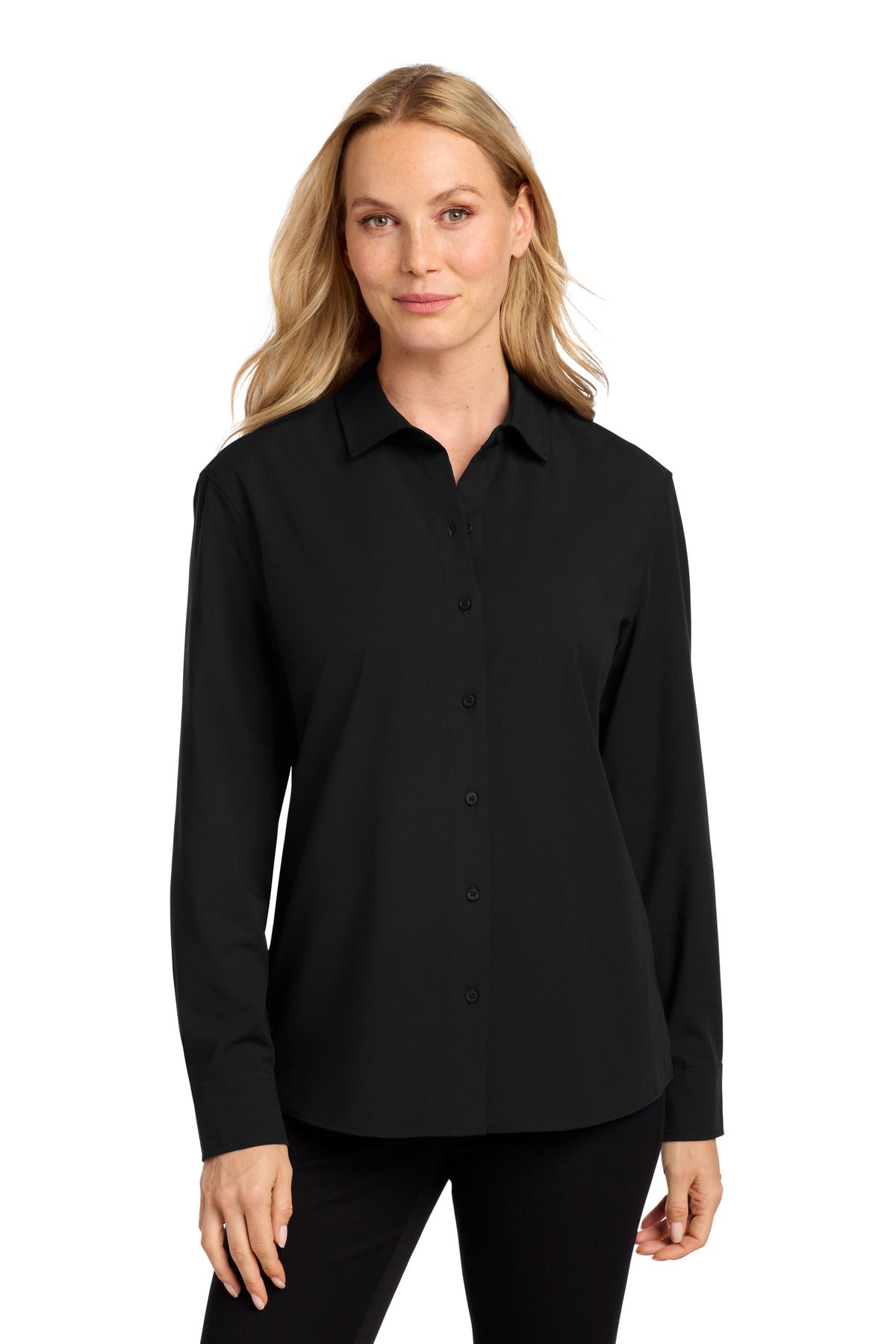 Mercer+Mettle Women's Long Sleeve Stretch Woven Shirt MM2001 in Deep Black