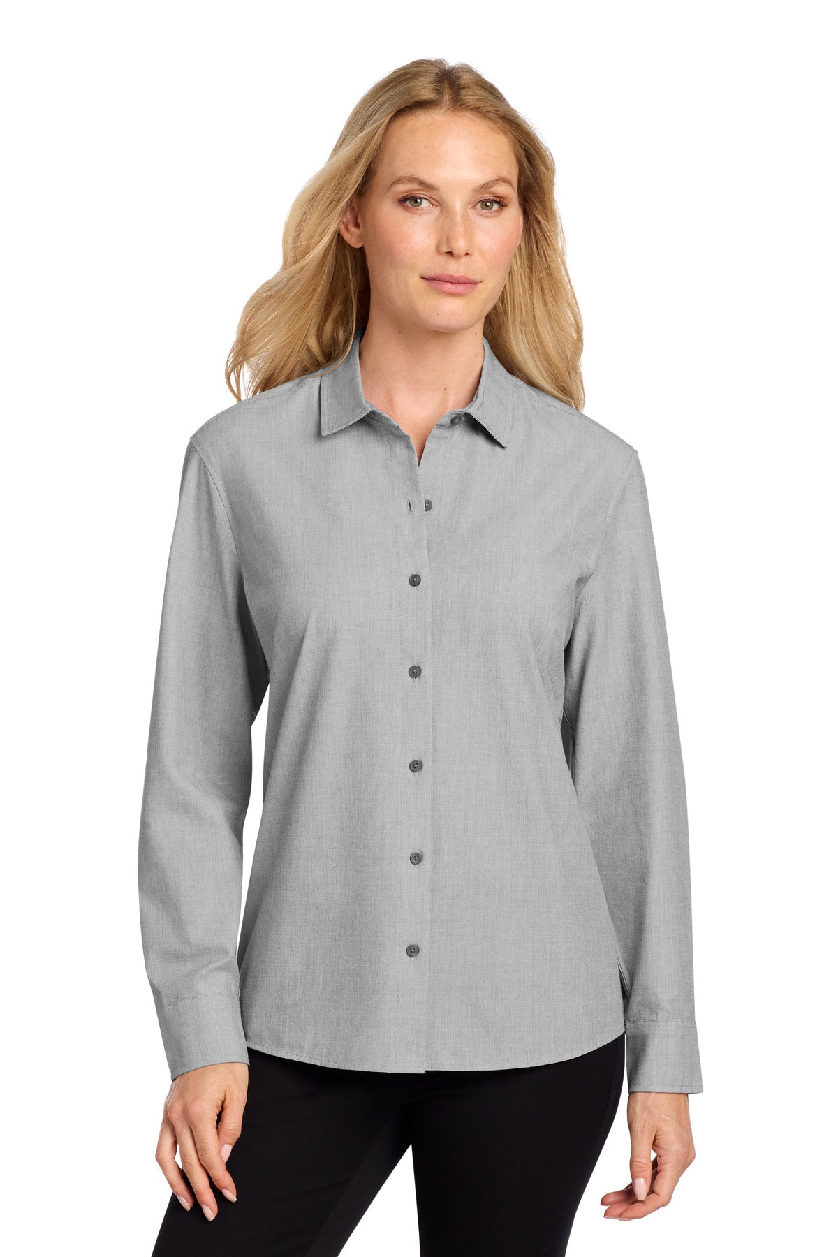 Mercer+Mettle Women's Long Sleeve Stretch Woven Shirt MM2001 in Gusty Grey End On End