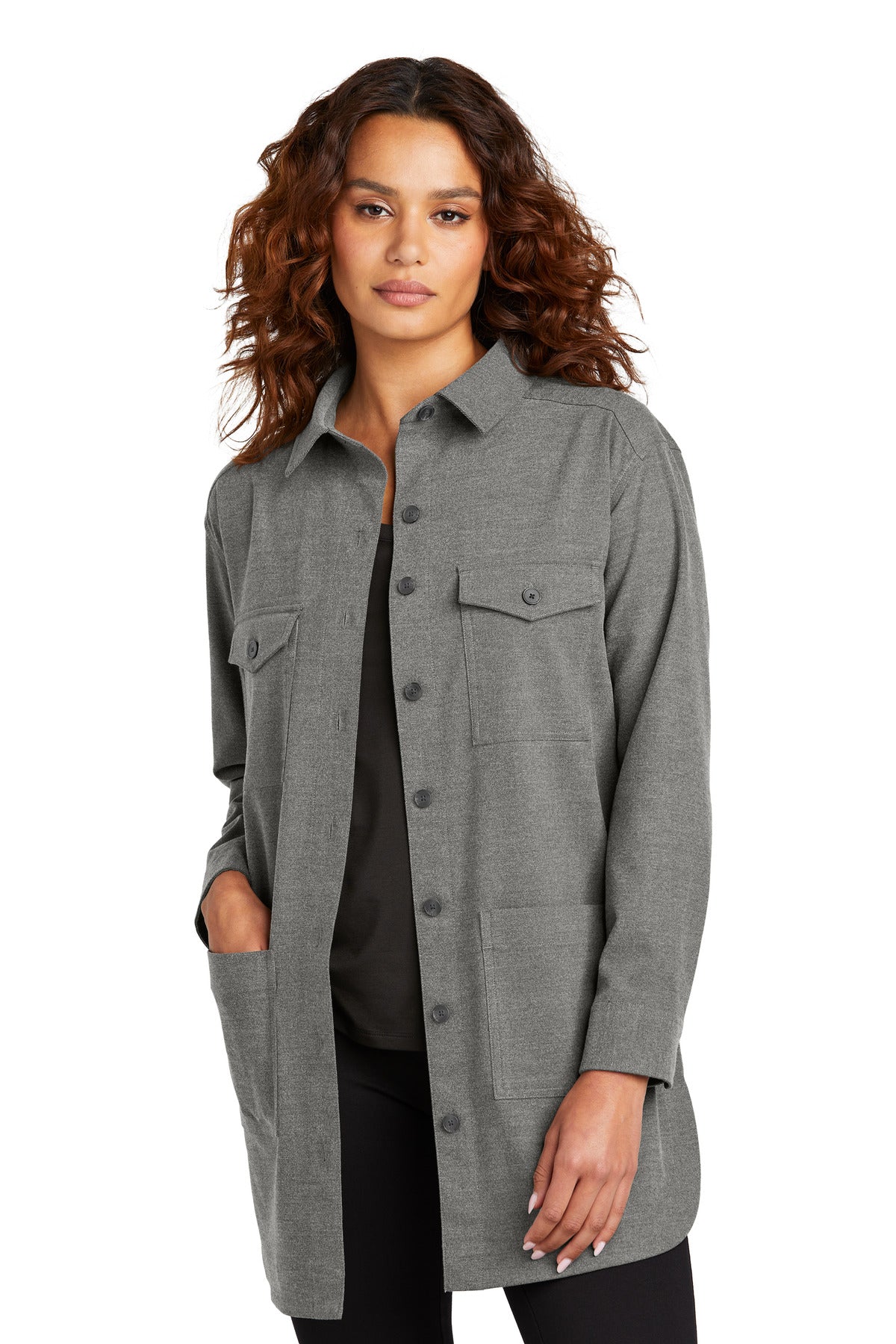 Mercer+Mettle Women's Long Sleeve Twill Overshirt MM2021 in Light Anchor Grey Heather
