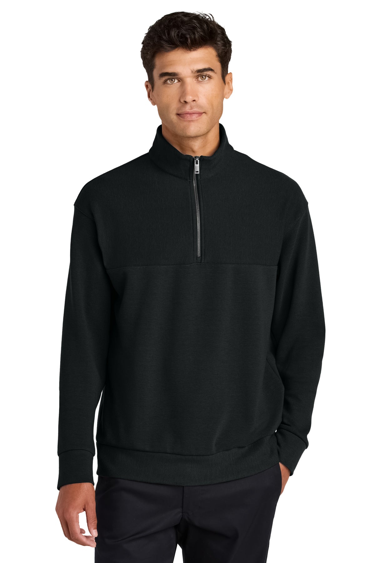 Mercer+Mettle Linear Texture 1/4-Zip MM3040 in Deep Black