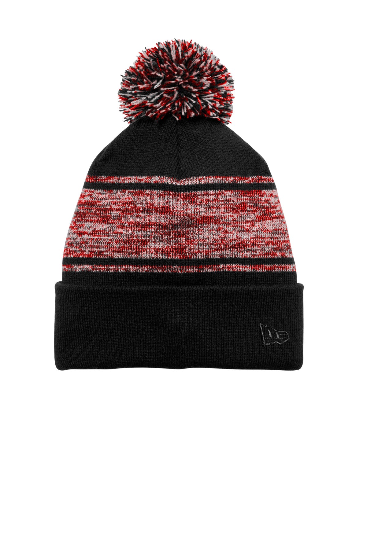 New Era Knit Chilled Pom Beanie NE909 in Black/ Scarlet