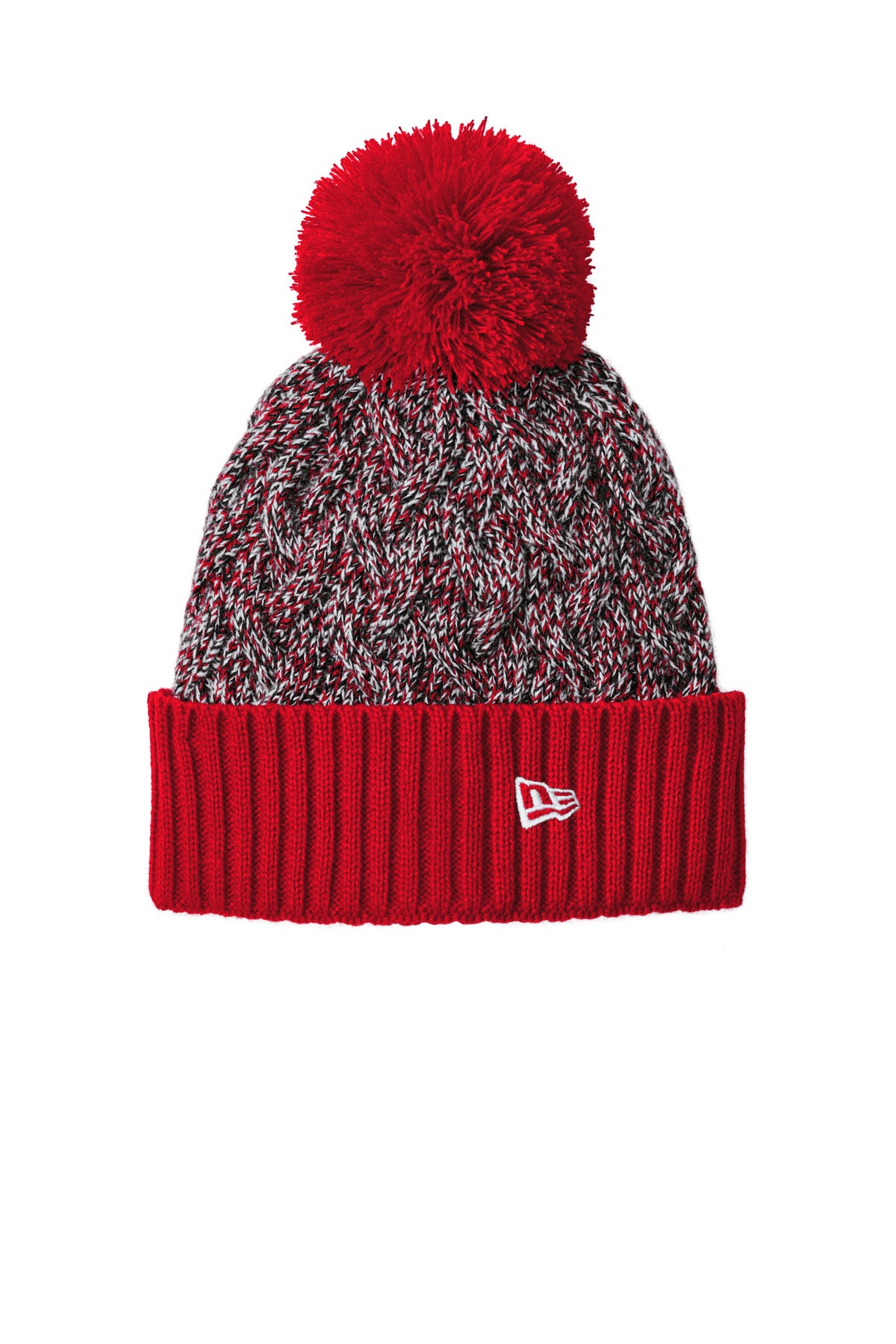 New Era Marled Knit Pom Beanie NE910 in Scarlet/ Black/ White