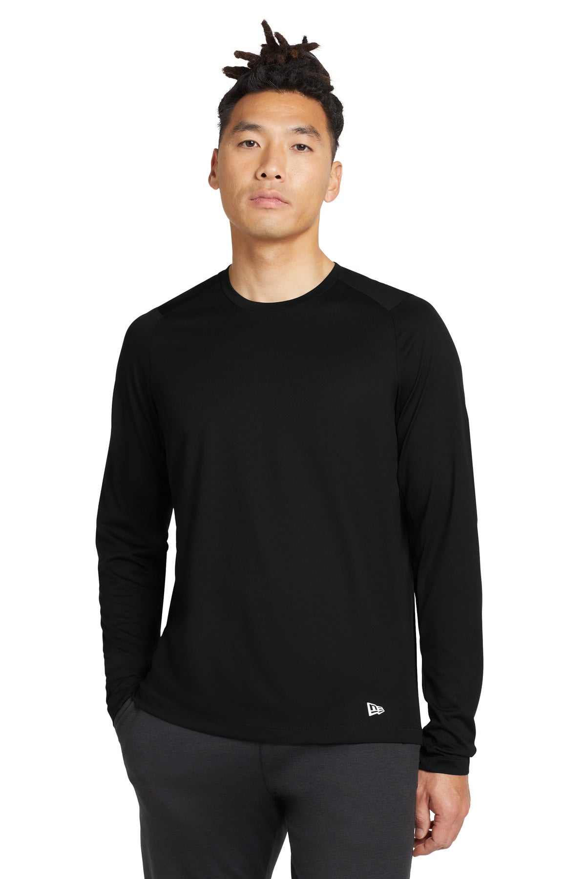New Era  Series Performance Long Sleeve Crew Tee. NEA201 in Black Solid