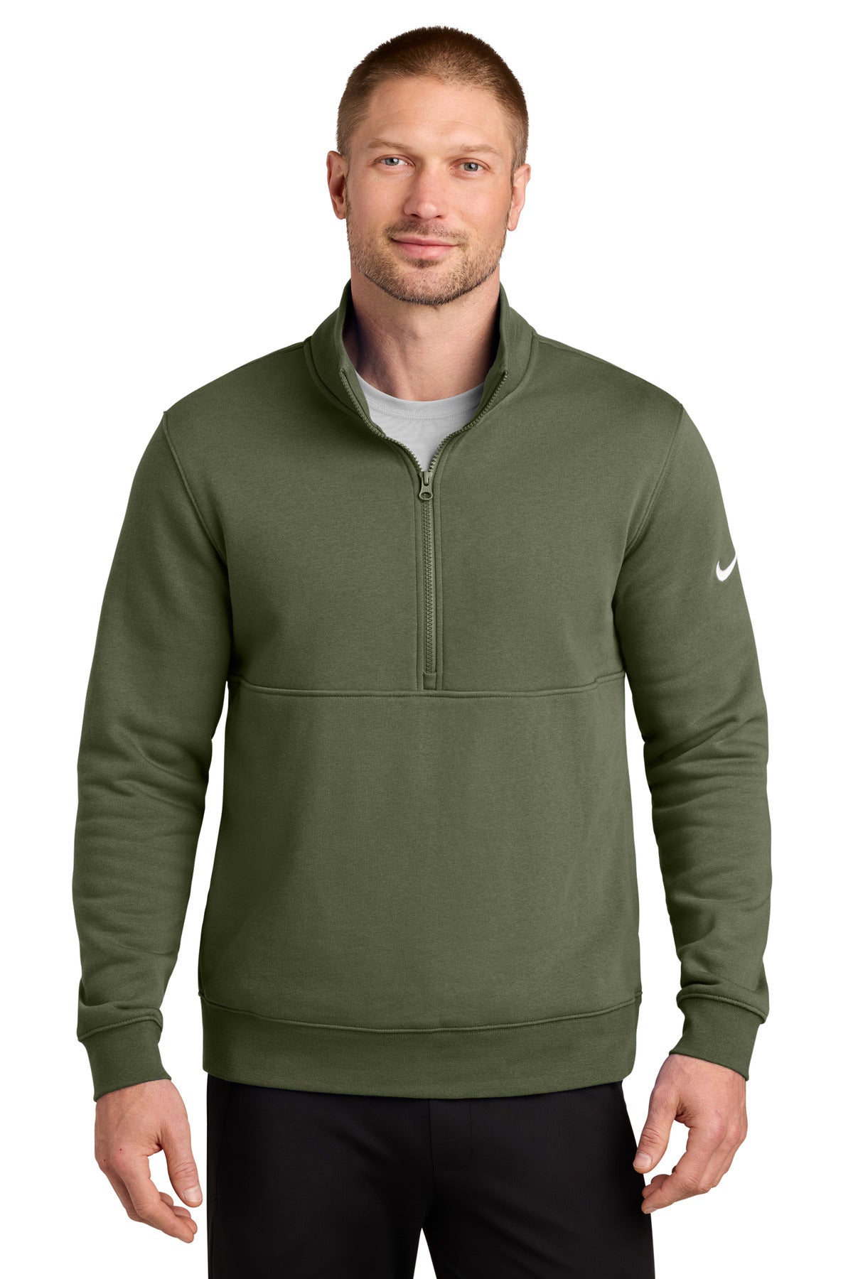 Nike Club Fleece Sleeve Swoosh 1/2-Zip NKDX6718 in Medium Olive