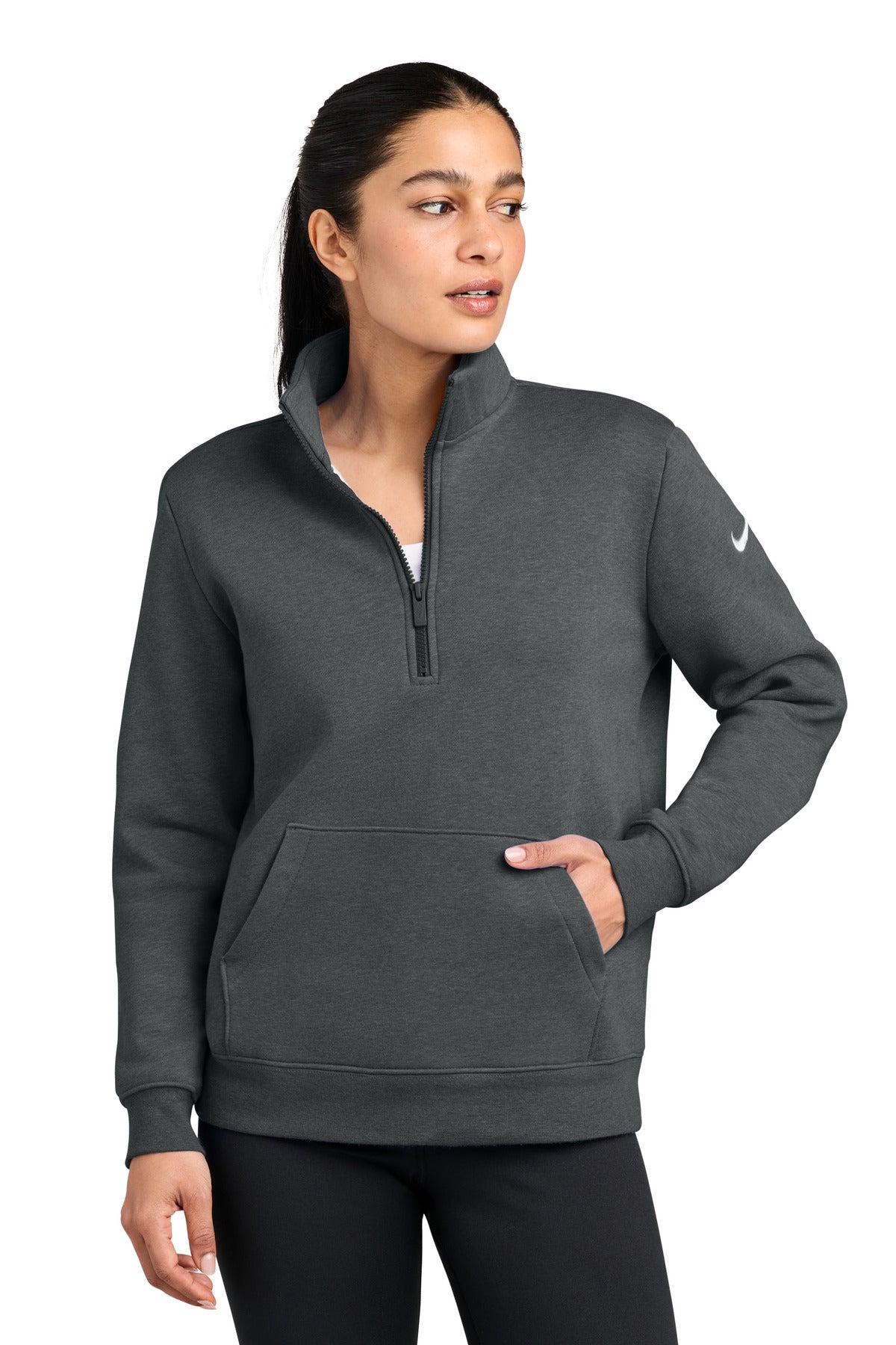 Nike Women's Club Fleece Sleeve Swoosh 1/2-Zip NKDX6720 in Charcoal Heather