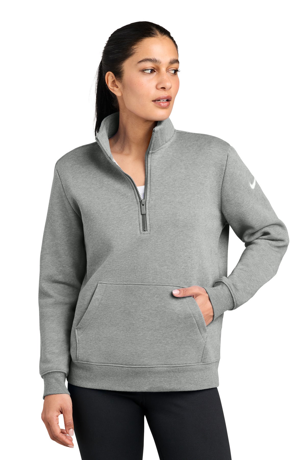 Nike Women's Club Fleece Sleeve Swoosh 1/2-Zip NKDX6720 in Dark Grey Heather
