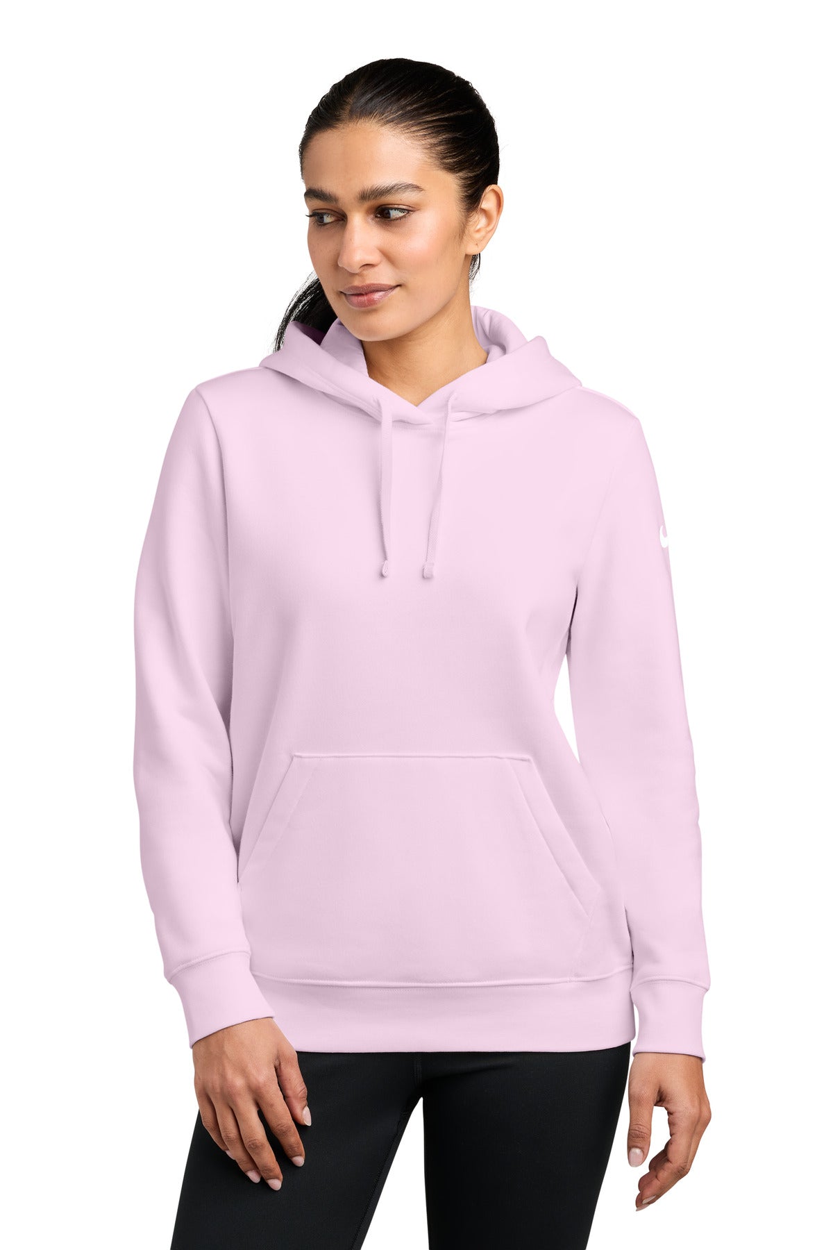Nike Women's Club Fleece Sleeve Swoosh Pullover Hoodie NKFD9889 in Pink Foam