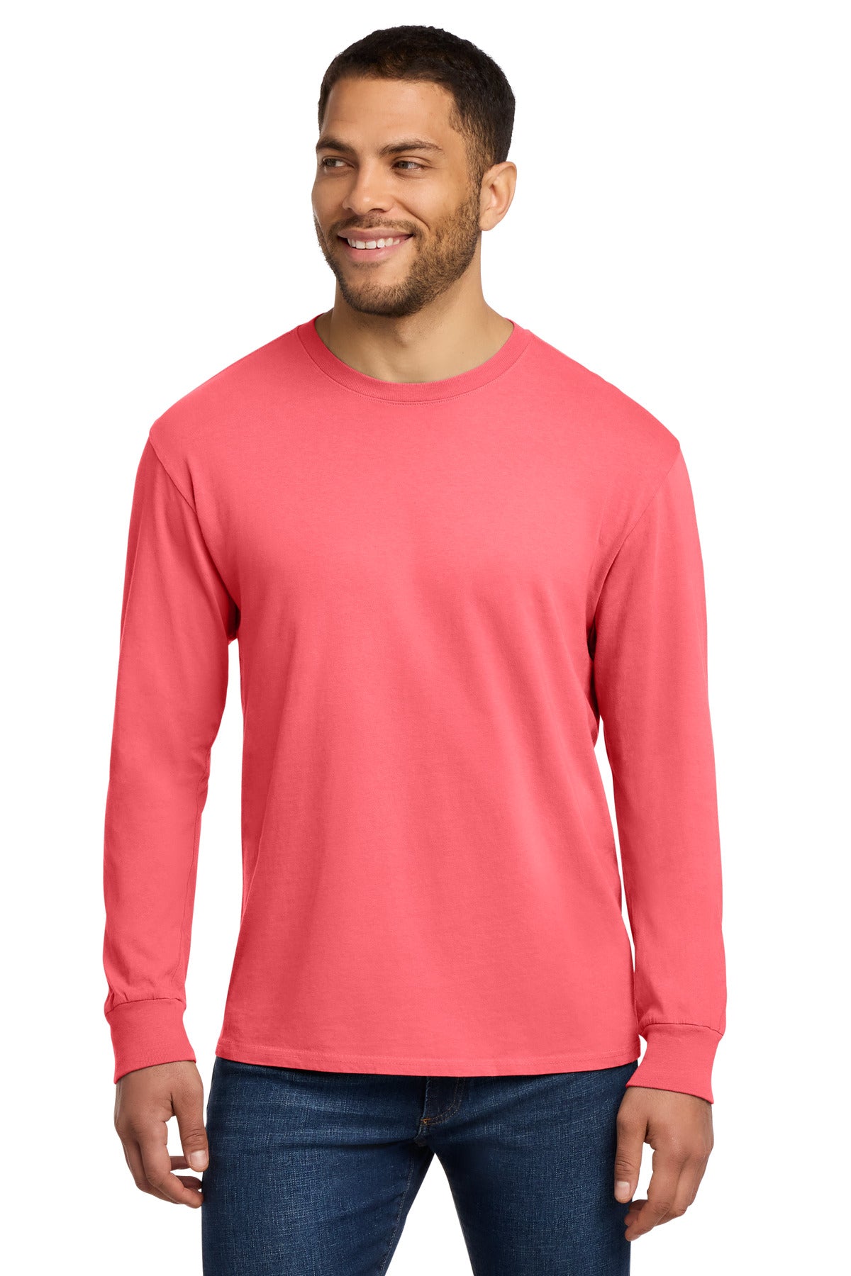 Port & Co Beach Wash Garment-Dyed Long Sleeve Tee PC099LS in Neon Coral