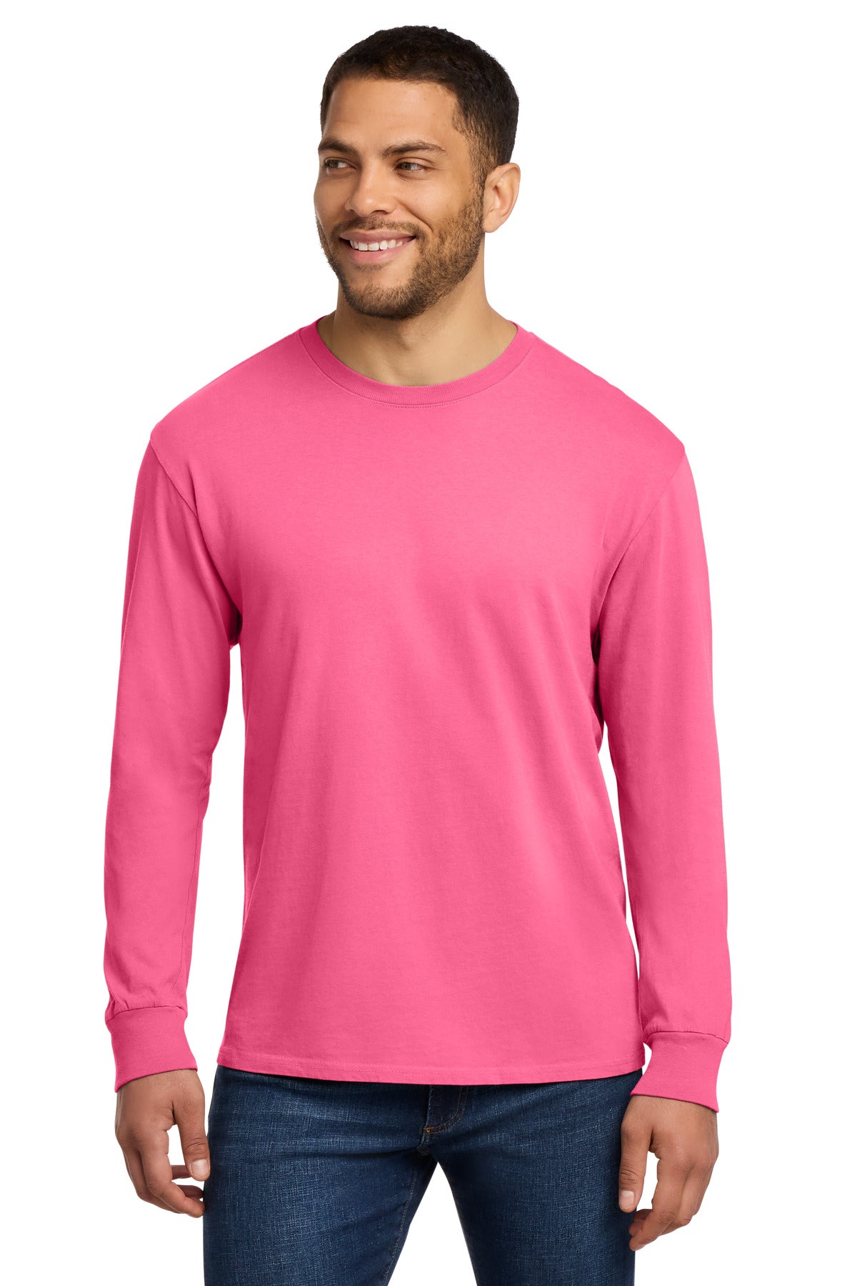 Port & Co Beach Wash Garment-Dyed Long Sleeve Tee PC099LS in Neon Pink