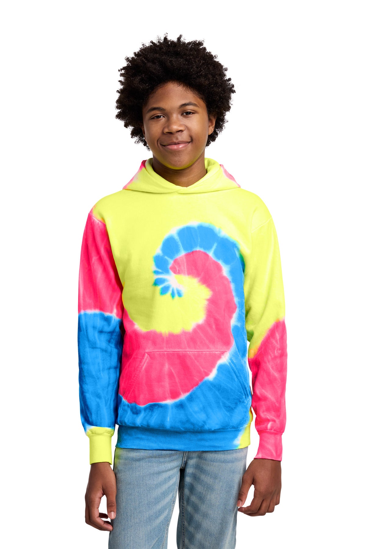 Port & Co Youth Tie-Dye Pullover Hooded Sweatshirt. PC146Y in Neon Rainbow