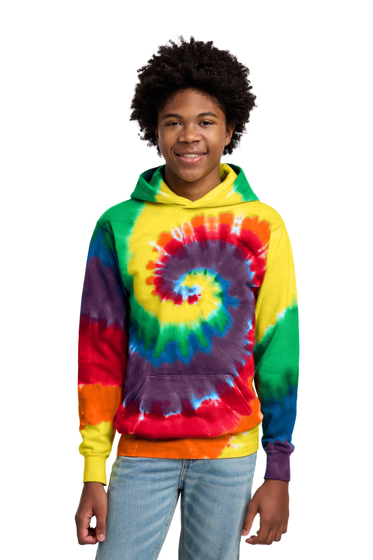 Port & Co Youth Tie-Dye Pullover Hooded Sweatshirt. PC146Y in Rainbow