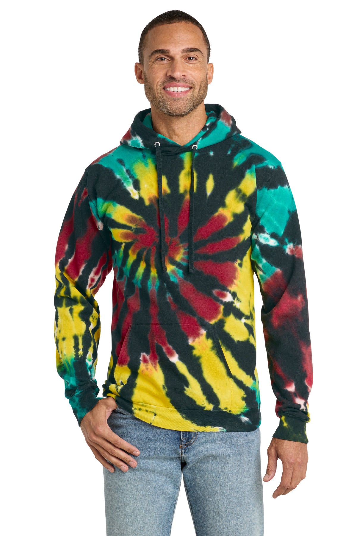 Port & Co Tie-Dye Pullover Hooded Sweatshirt. PC146 in Island Spiral