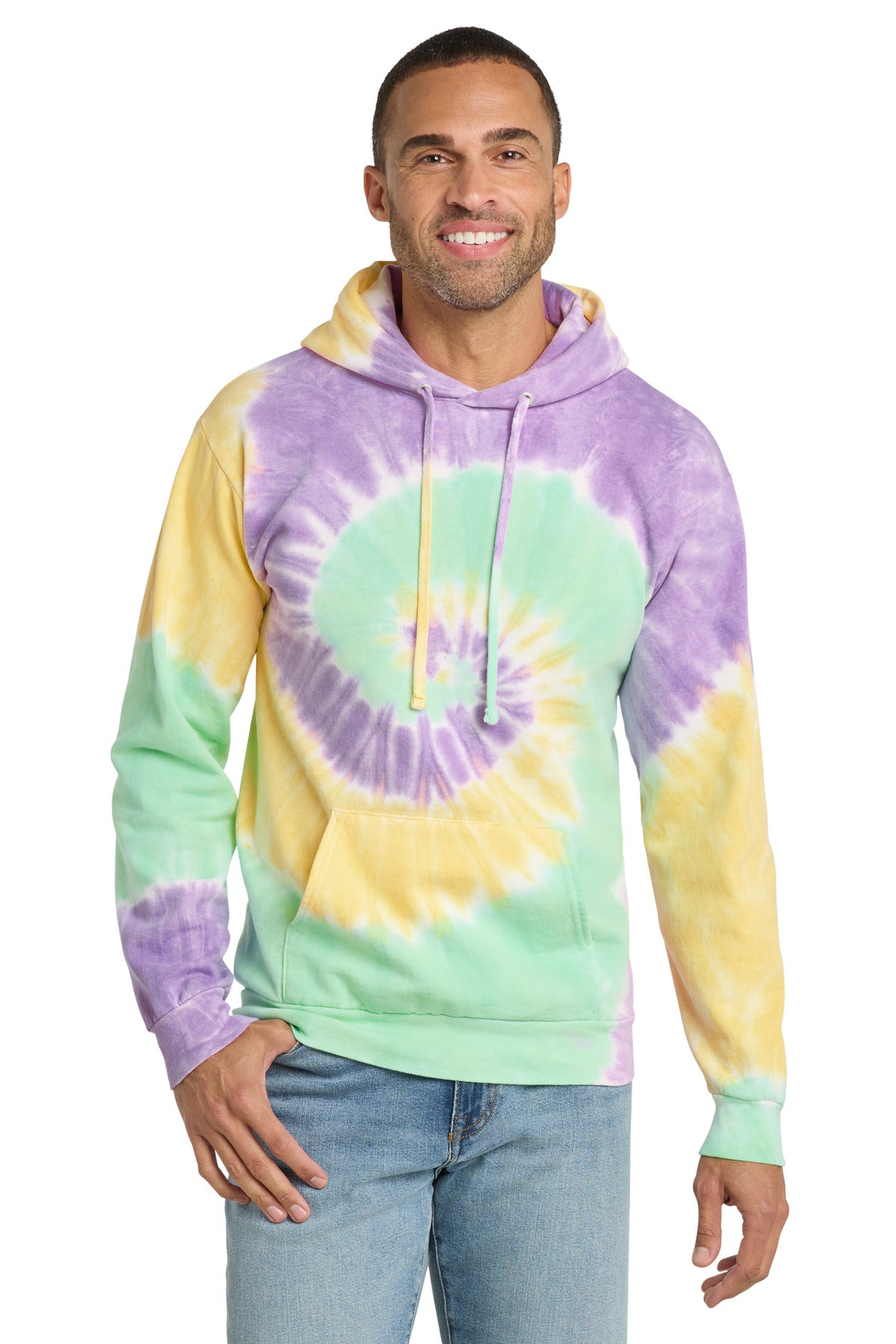 Port & Co Tie-Dye Pullover Hooded Sweatshirt. PC146 in Mint Rainbow