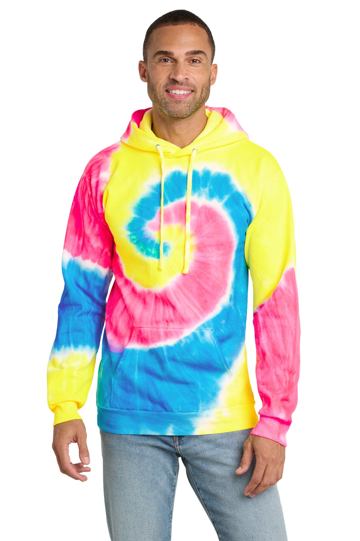 Port & Co Tie-Dye Pullover Hooded Sweatshirt. PC146 in Neon Rainbow