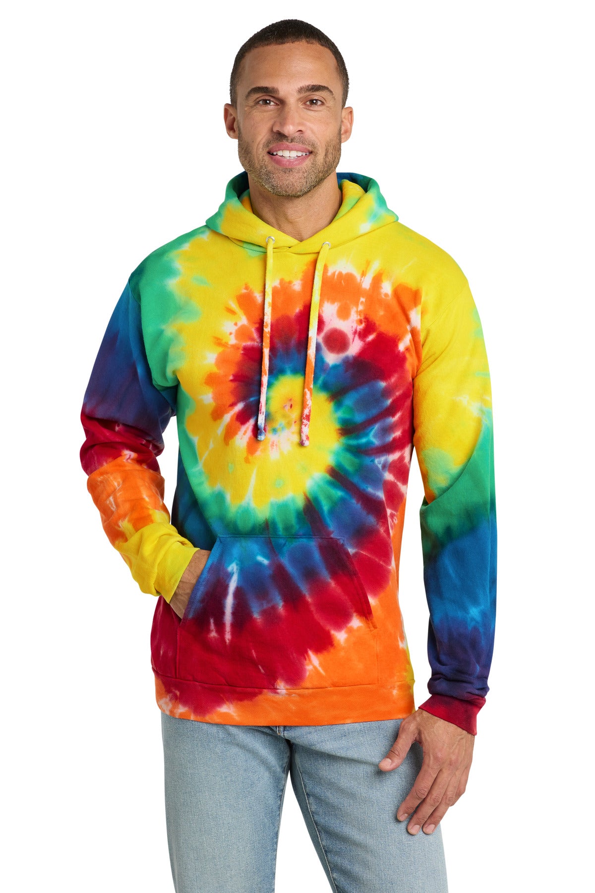 Port & Co Tie-Dye Pullover Hooded Sweatshirt. PC146 in Rainbow