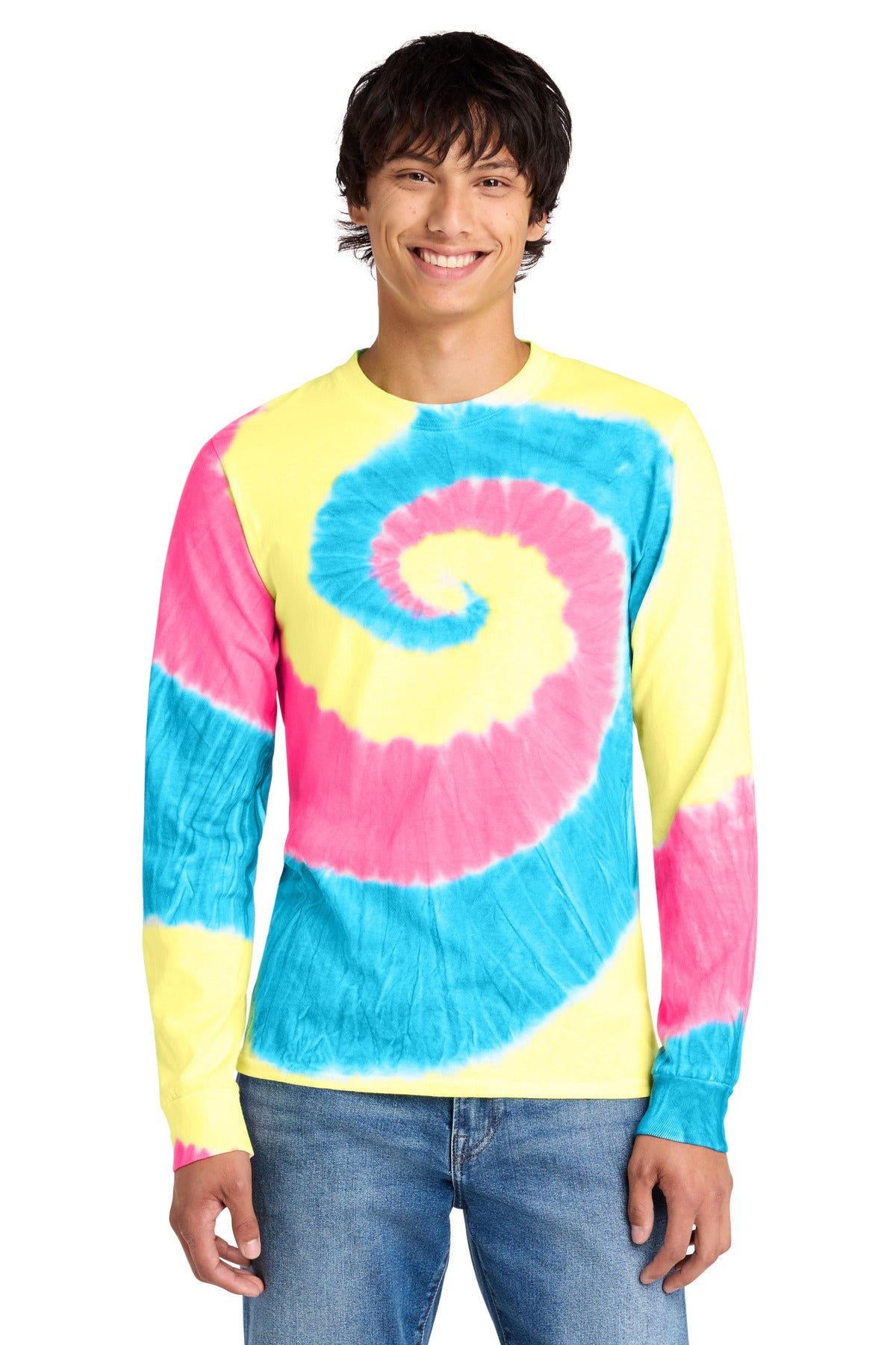 Port & Co Tie-Dye Long Sleeve Tee.  PC147LS in Neon Rainbow