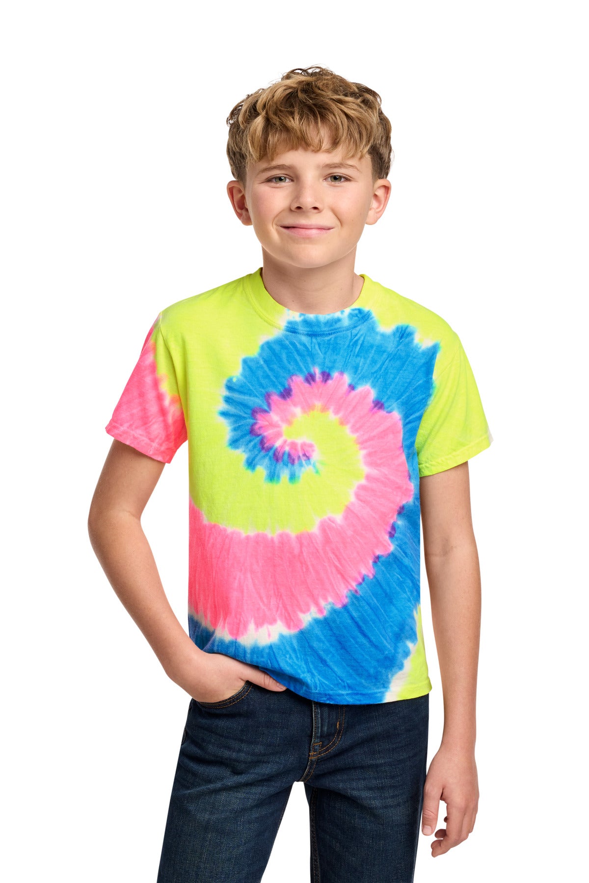 Port & Co Youth Tie-Dye Tee. PC147Y in Neon Rainbow