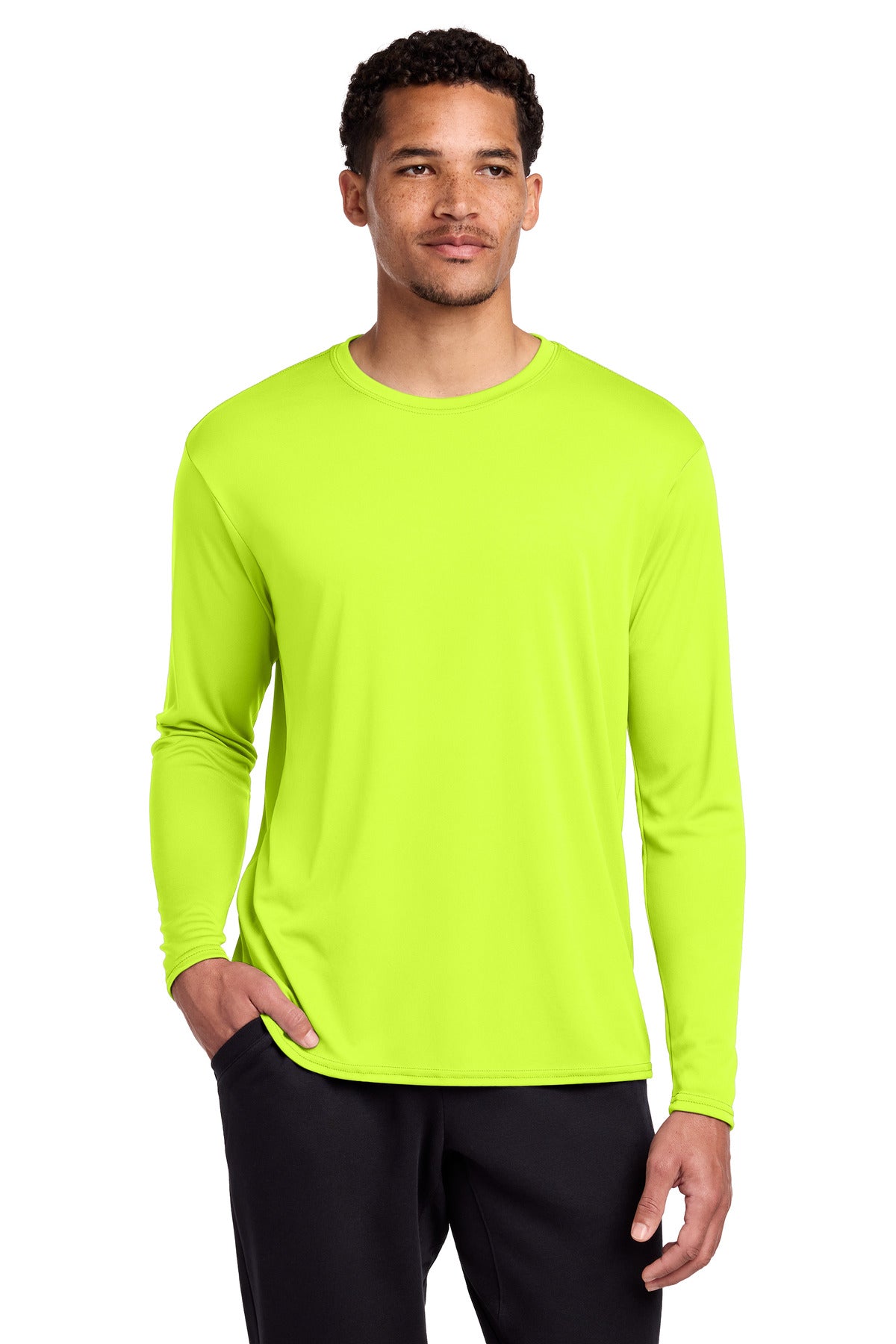 Port & Co Long Sleeve Performance Tee. PC380LS in Neon Yellow
