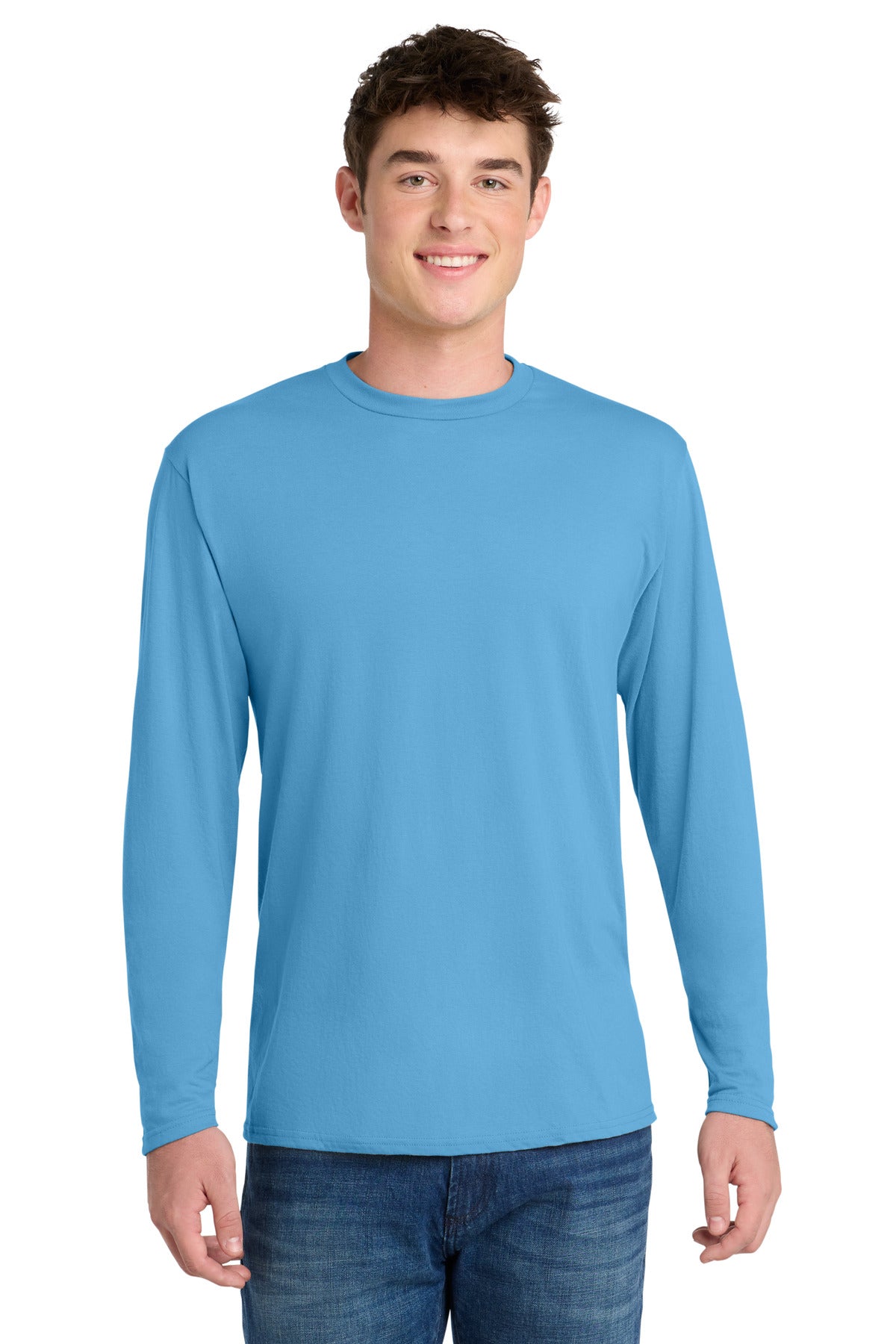 Port & Co Long Sleeve Performance Blend Tee. PC381LS in Aquatic Blue