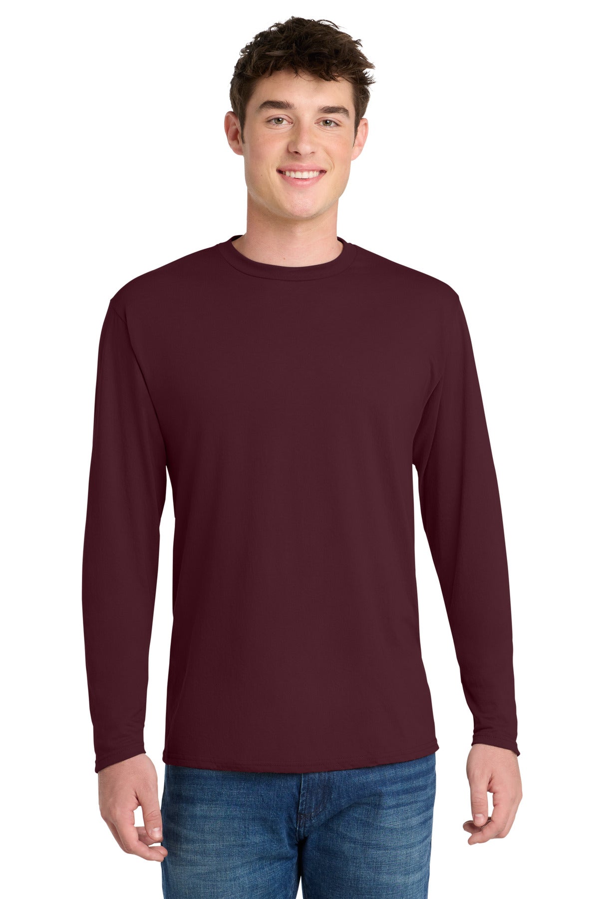 Port & Co Long Sleeve Performance Blend Tee. PC381LS in Athletic Maroon
