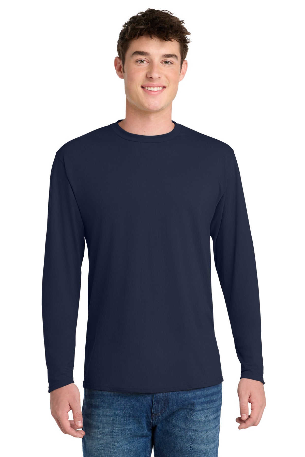 Port & Co Long Sleeve Performance Blend Tee. PC381LS in Deep Navy