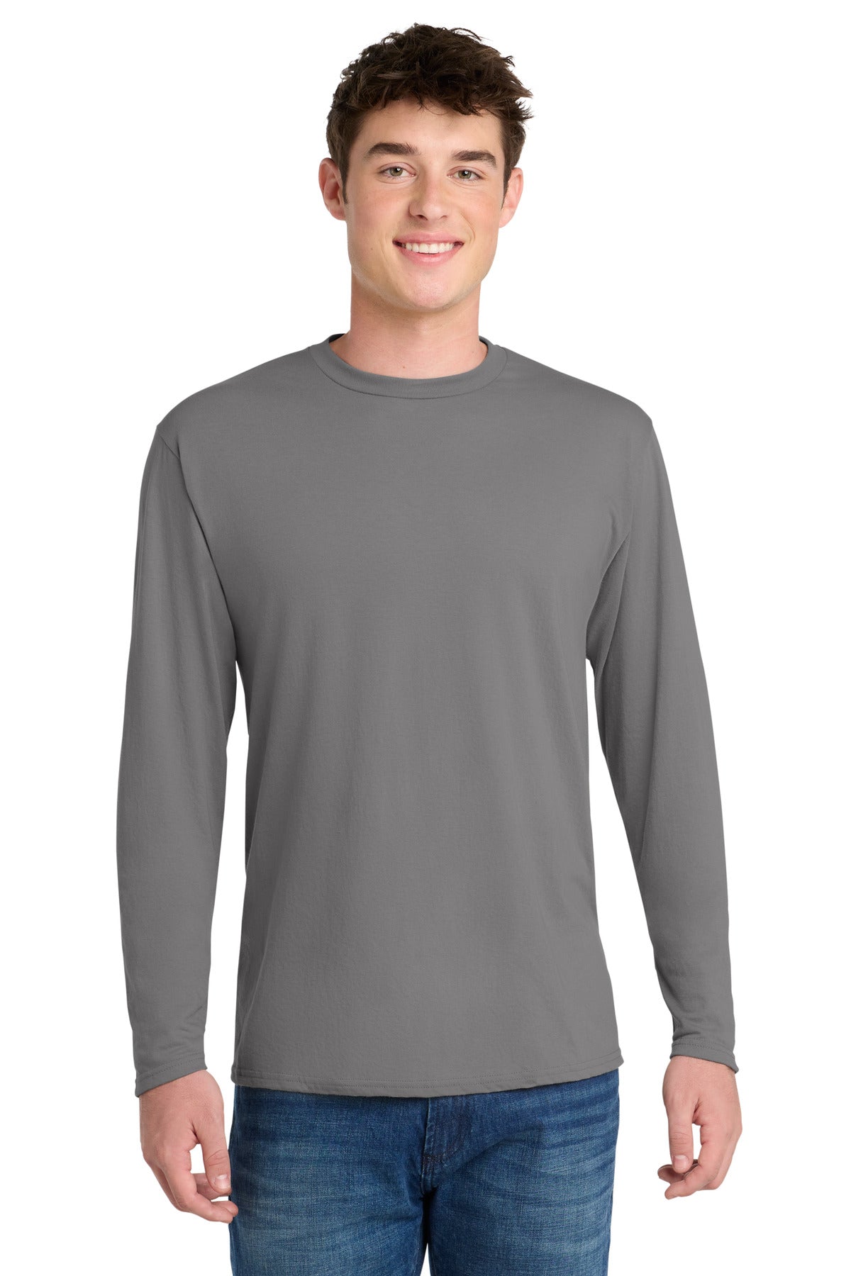 Port & Co Long Sleeve Performance Blend Tee. PC381LS in Medium Grey