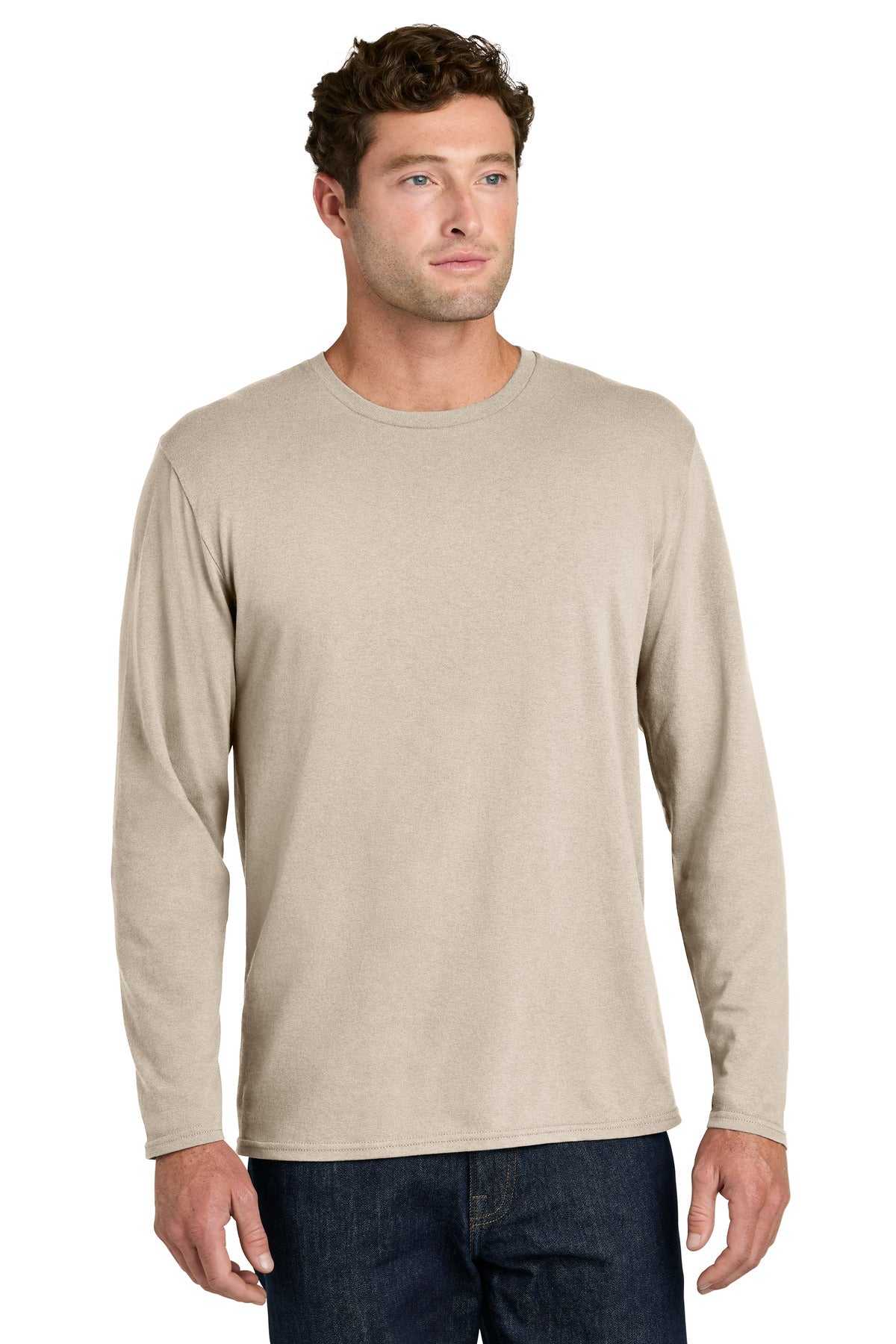 Port & Co Easy Cotton Long Sleeve Tee PC43LS in Light Sand