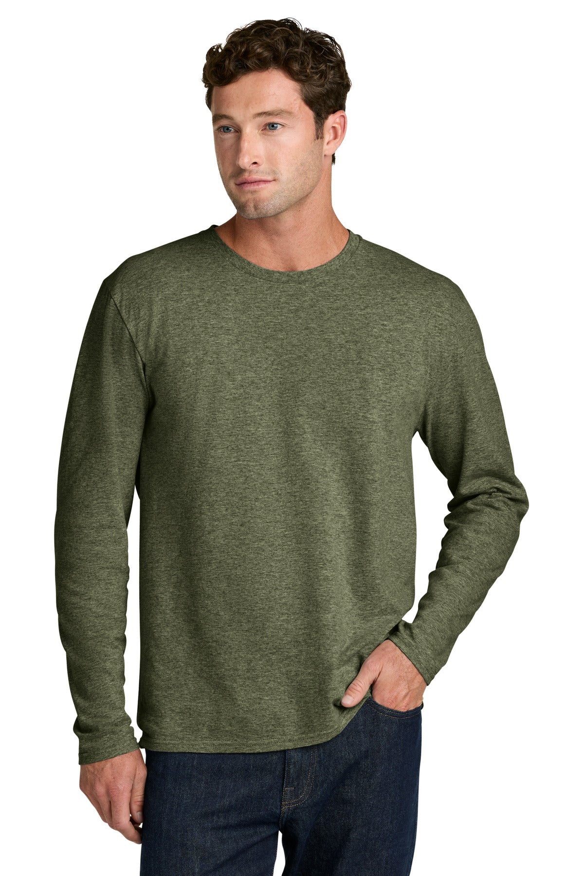 Port & Co Easy Cotton Long Sleeve Tee PC43LS in Olive Drab Green Heather