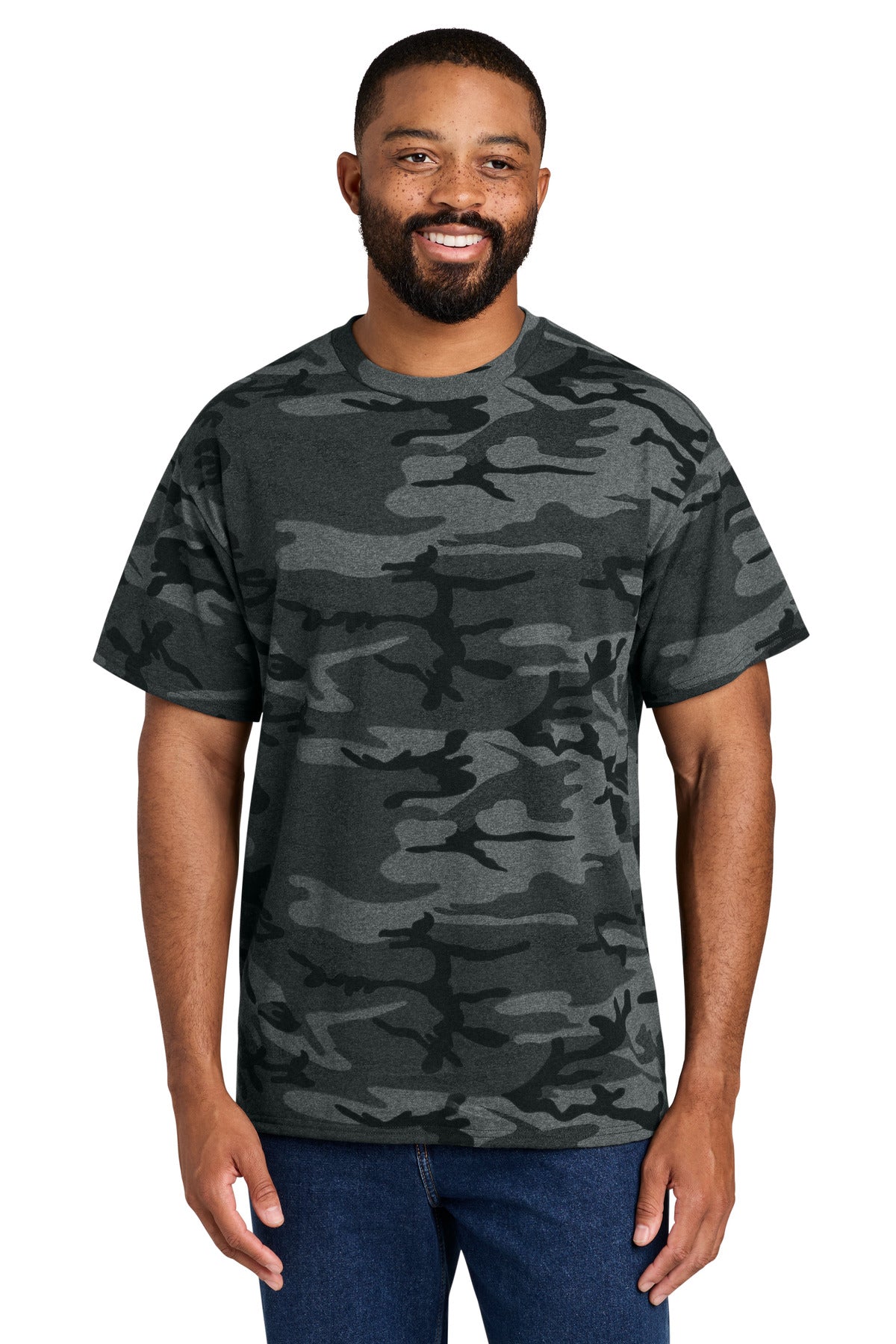 Port & Co Core Cotton Camo Tee.  PC54C in Black Heather Camo
