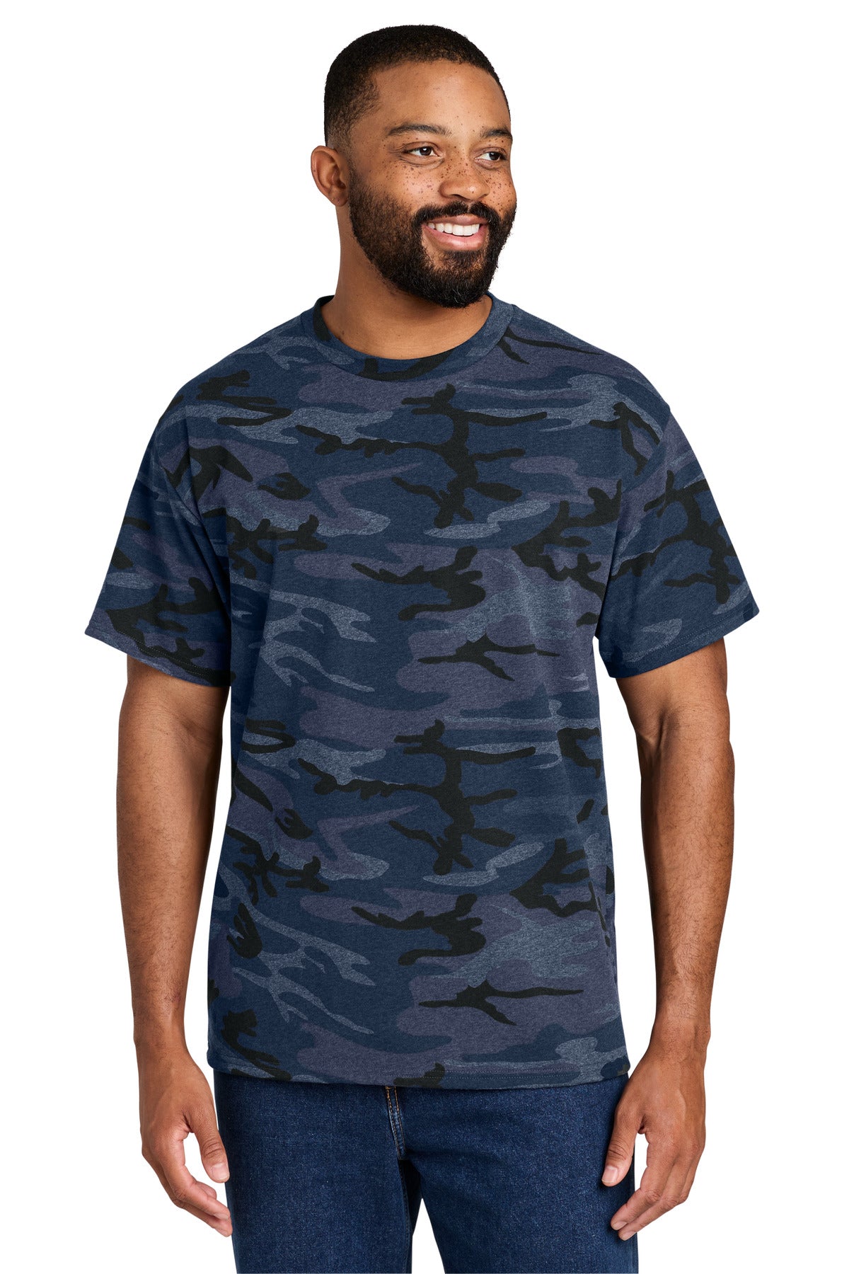 Port & Co Core Cotton Camo Tee.  PC54C in Heather Navy Camo