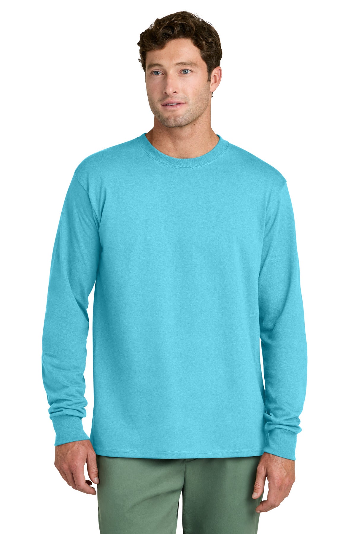 Port & Co Long Sleeve Core Cotton Tee. PC54LS in Aquatic Blue