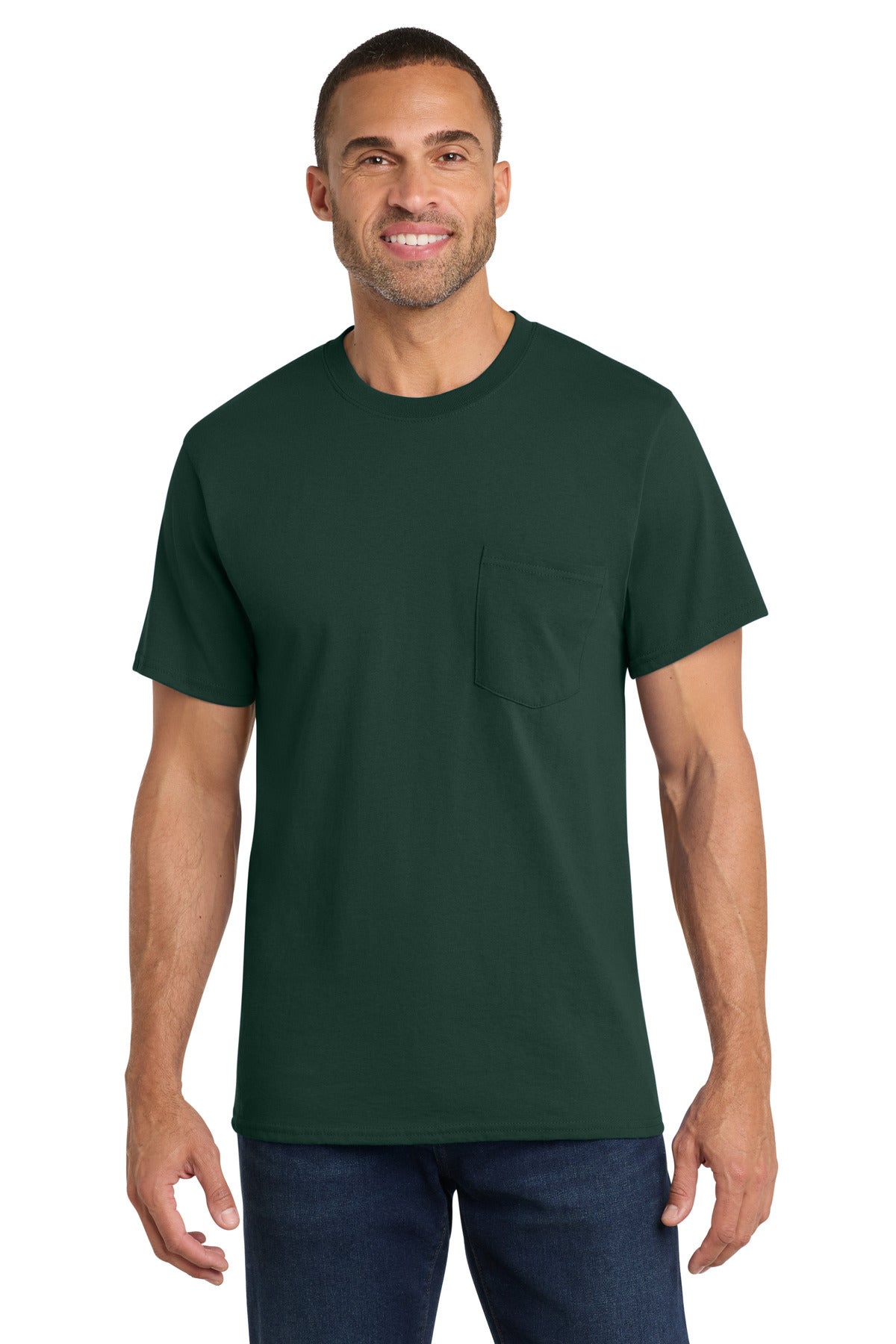 Port & Co Core Cotton Pocket Tee. PC54P in Dark Green
