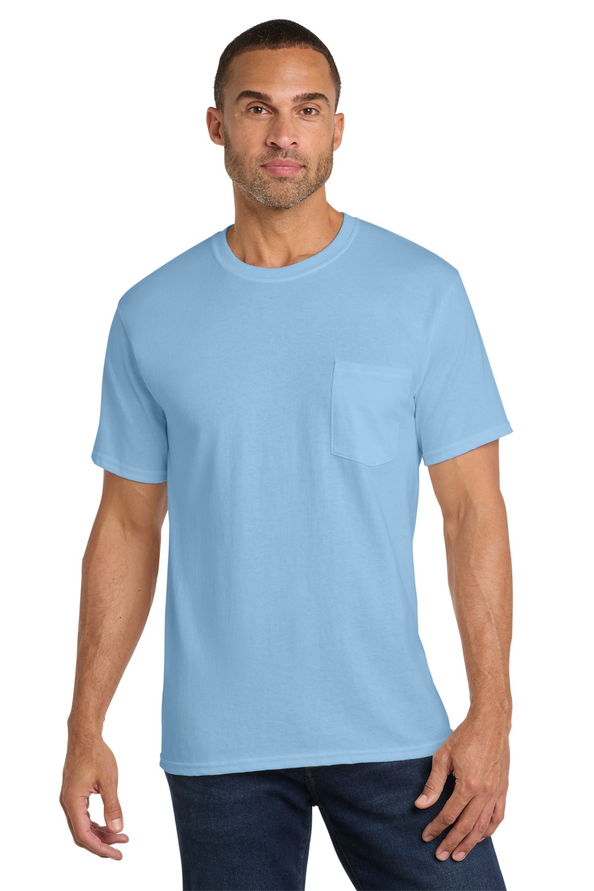 Port & Co Core Cotton Pocket Tee. PC54P in Light Blue