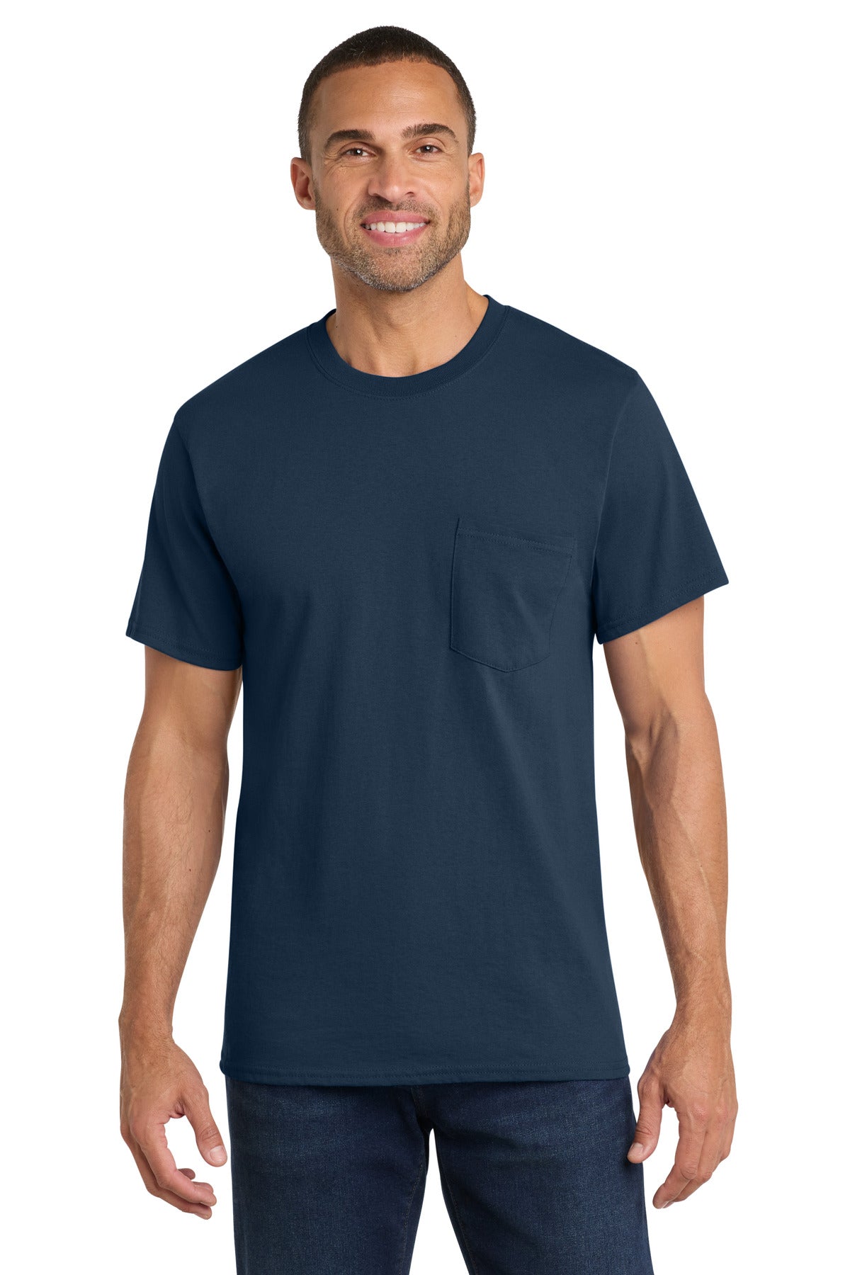 Port & Co Core Cotton Pocket Tee. PC54P in Navy