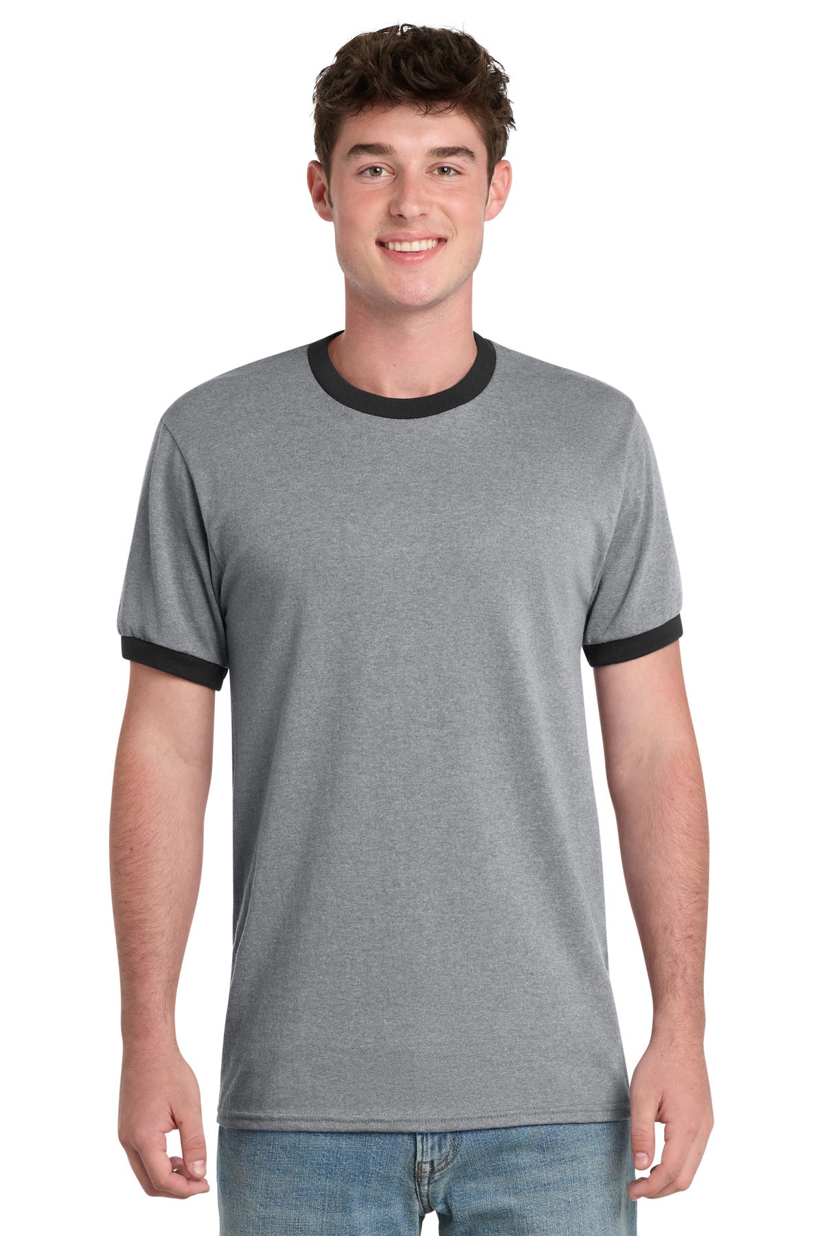 Port & Co Core Cotton Ringer Tee.  PC54R in Athletic Heather/ Jet Black