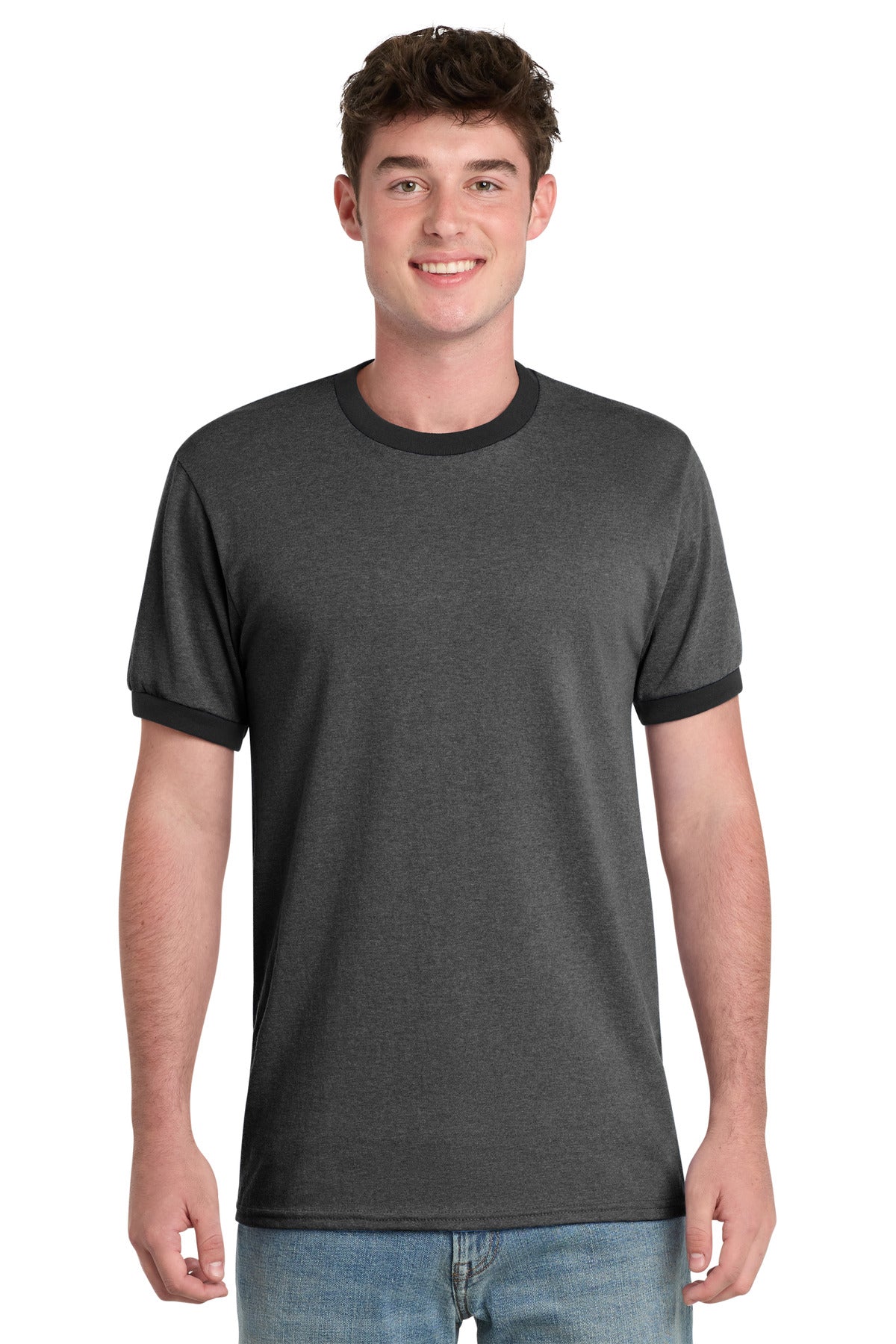 Port & Co Core Cotton Ringer Tee.  PC54R in Dark Heather Grey/ Jet Black