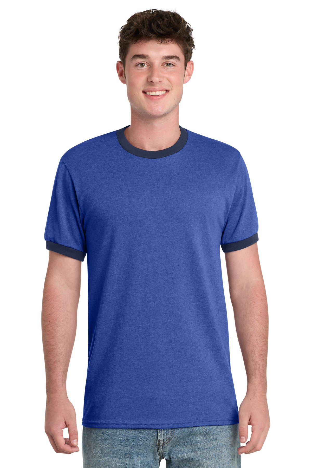 Port & Co Core Cotton Ringer Tee.  PC54R in Heather Royal/ Navy