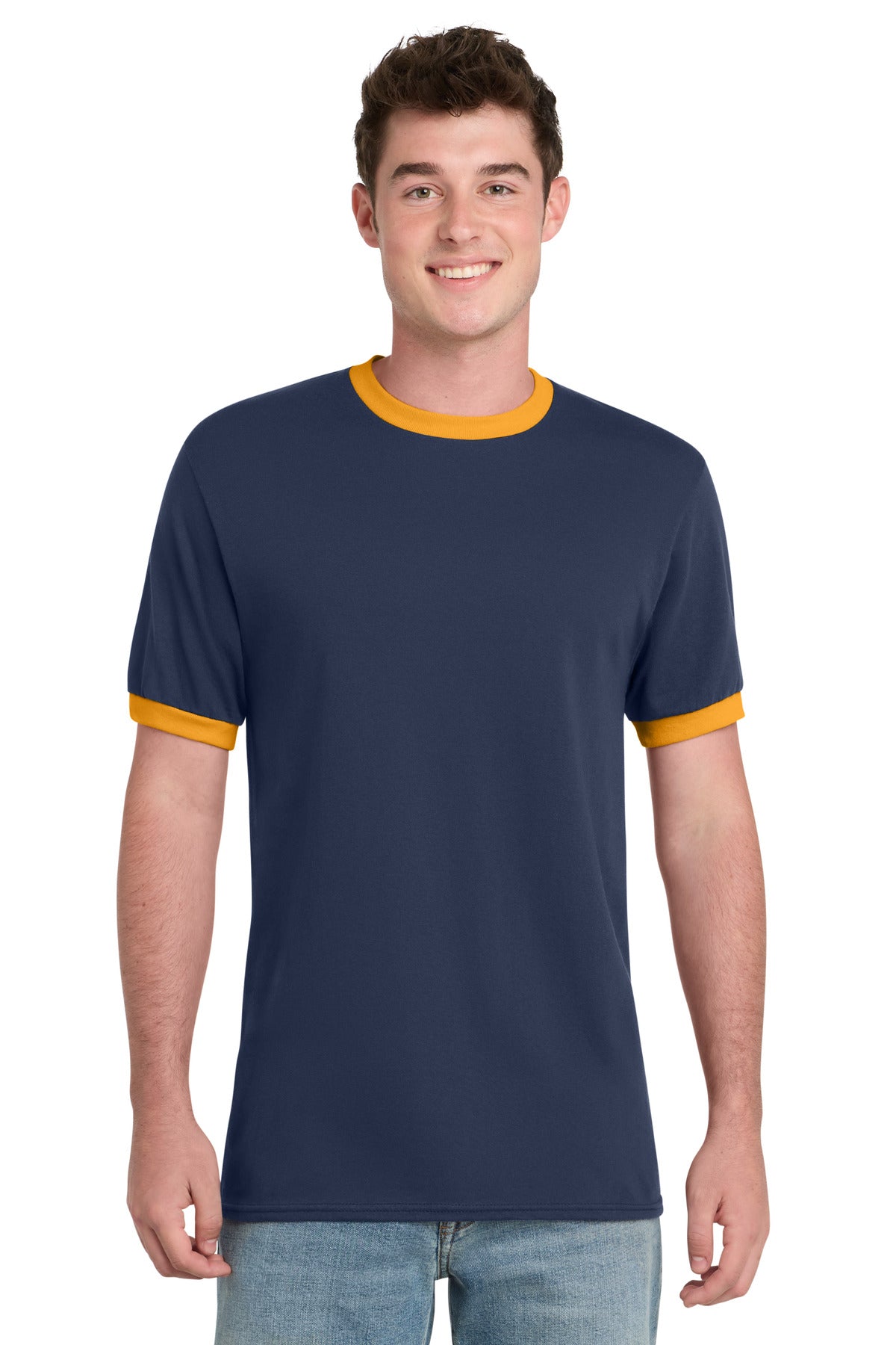 Port & Co Core Cotton Ringer Tee.  PC54R in Navy/ Gold