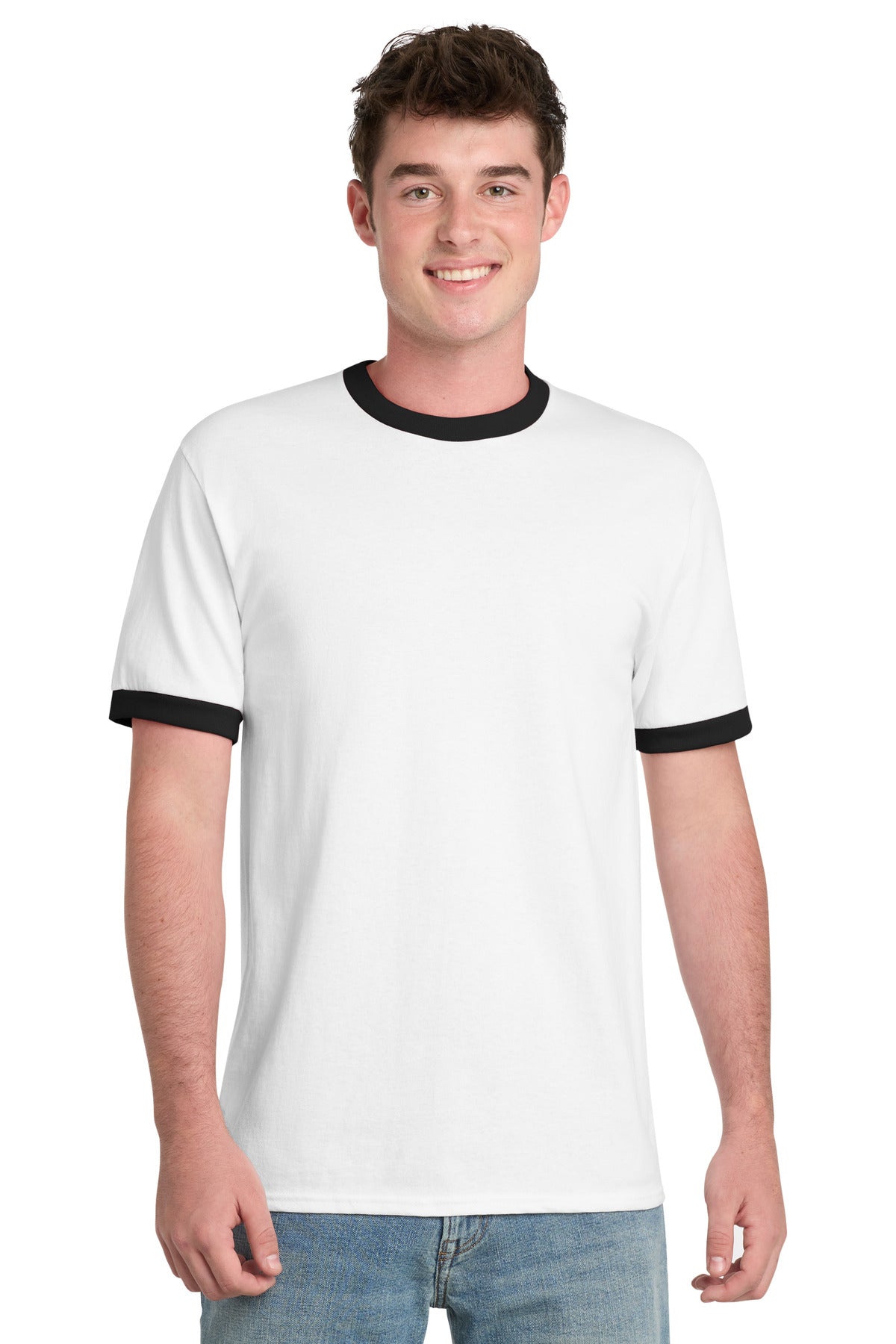 Port & Co Core Cotton Ringer Tee.  PC54R in White/ Jet Black