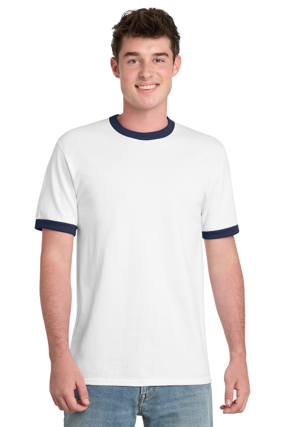 Port & Co Core Cotton Ringer Tee.  PC54R in White/ Navy